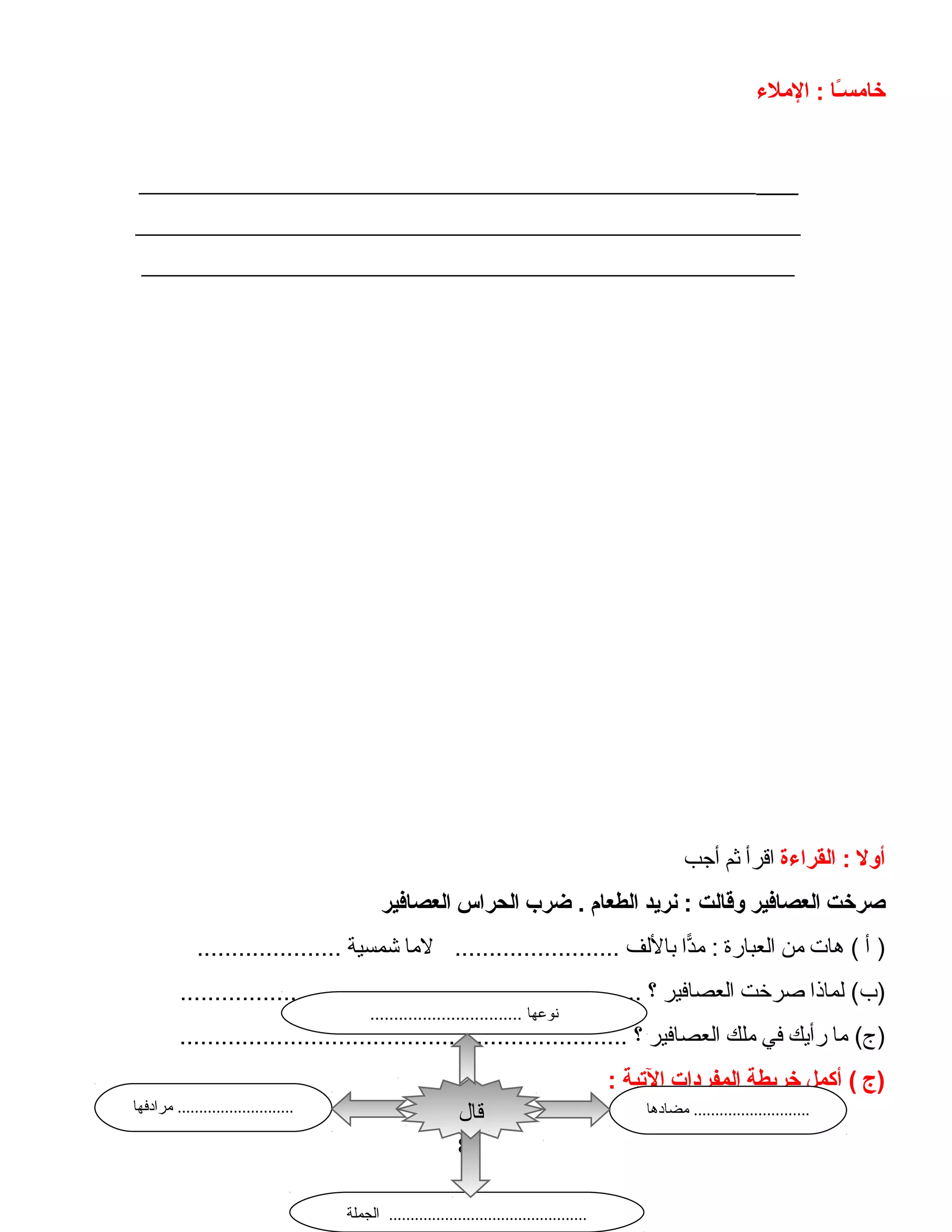 ‫ىـا‬ً‫ا‬‫س‬‫خام‬‫الملء‬ :
______________________________________________________
_______________________________________________________
______________________________________________________
‫أول‬‫القراءة‬ :‫اقرأ‬‫ثم‬‫أجب‬
‫صرخت‬‫العصافير‬‫وقالت‬‫نريد‬ :‫الطعام‬‫ضرب‬ .‫الحراس‬‫العصافير‬
‫أ‬ )‫هات‬ (‫من‬‫العبانرة‬‫دا‬ًّ‫م‬ :‫باللف‬‫لما‬ ........................‫شمسية‬.....................
‫لماذا‬ (‫)ب‬‫صرخت‬‫العصافير‬‫؟‬...................................................................
‫ما‬ (‫)ج‬‫نرأيك‬‫في‬‫ملك‬‫العصافير‬‫؟‬.................................................................
‫)ج‬‫أكمل‬ (‫خريطة‬‫المفردات‬‫اليتية‬:
80
‫مضادها‬ ...........................‫مرادفها‬ ...........................
‫الجملة‬ ..............................................
‫قال‬
................................ ‫نوعها‬
 