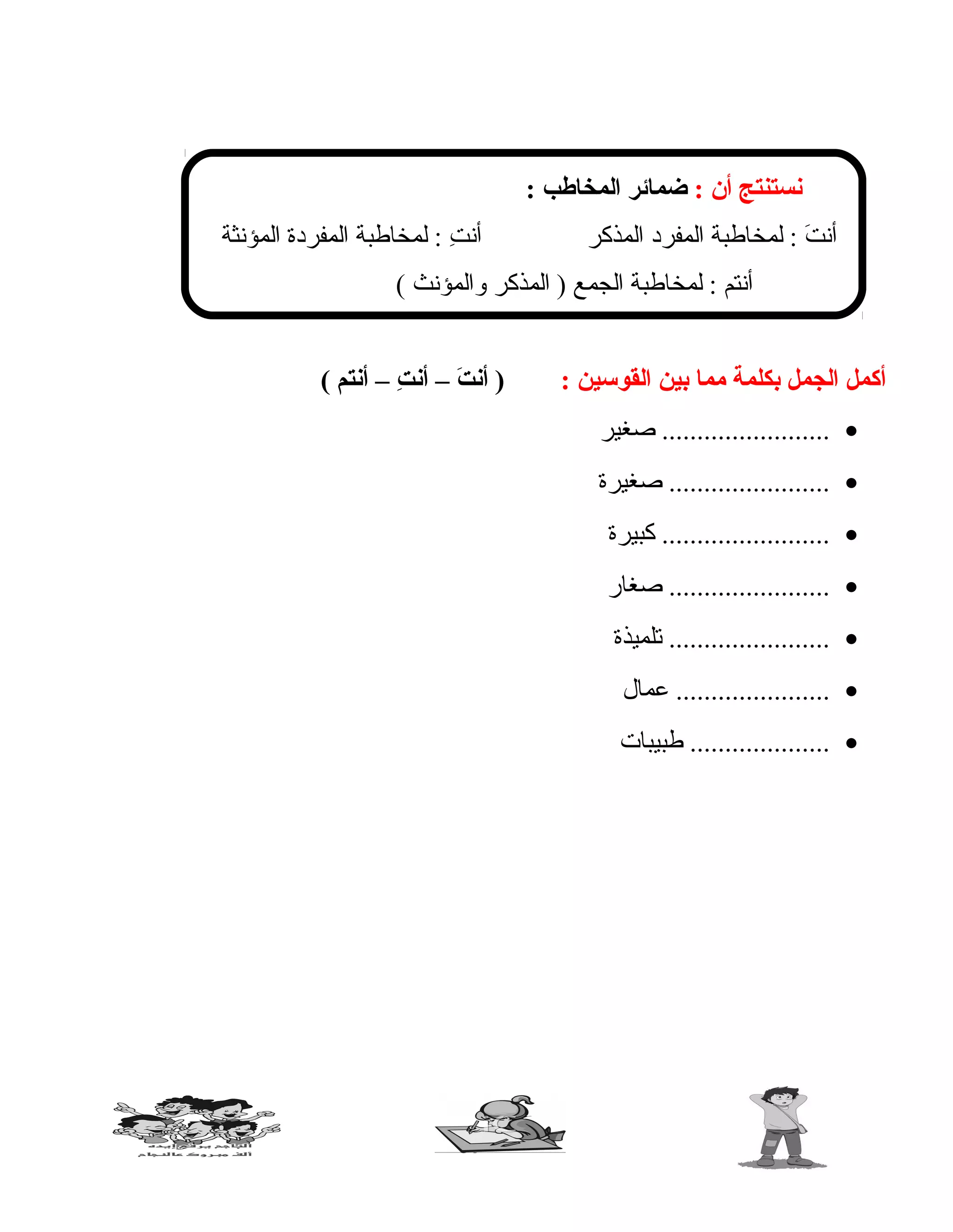 ‫نستنتج‬‫أن‬:‫ضمائر‬‫المخاطب‬:
‫ت‬َ  ‫أن‬‫لمخاطبة‬ :‫المفرد‬‫المذكر‬‫ت‬ِ  ‫أن‬‫لمخاطبة‬ :‫المفردة‬‫المؤنثة‬
‫أنتم‬‫لمخاطبة‬ :‫الجمع‬‫المذكر‬ )‫والمؤنث‬(
‫أكمل‬‫الجمل‬‫بكلمة‬‫مما‬‫بين‬‫القوسين‬:‫ت‬َ  ‫أن‬ )–‫ت‬ِ  ‫أن‬–‫أنتم‬(
•‫صغير‬ ........................
•‫صغيرة‬ .......................
•‫كبيرة‬ ........................
•‫صغار‬ .......................
•‫تلميذة‬ .......................
•‫عمال‬ ......................
•‫طبيبات‬ ....................
86
 