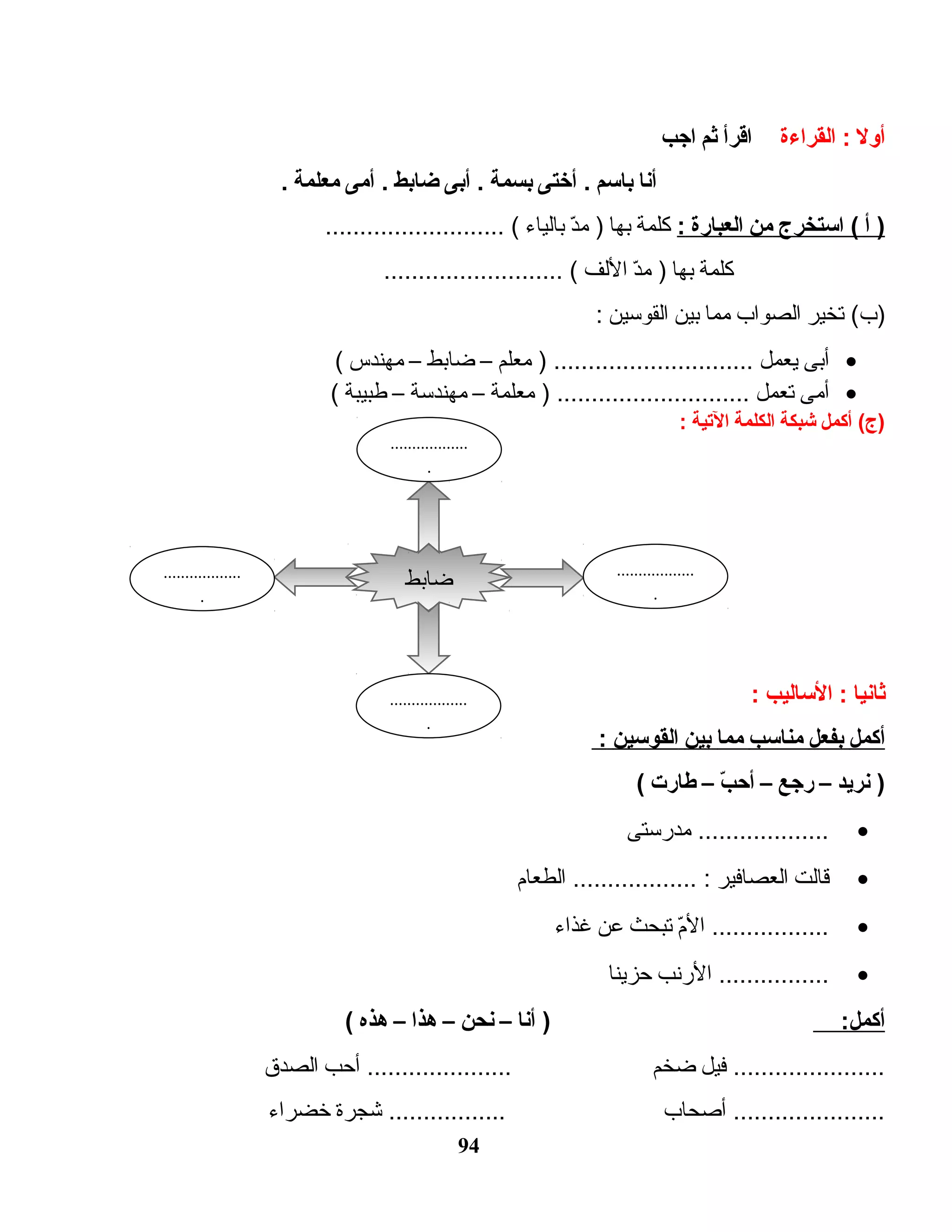 ‫أول‬‫القراءة‬ :‫اقرأ‬‫ثم‬‫اجب‬
‫أنا‬‫بااسم‬‫أختى‬ .‫بسمة‬‫أبى‬ .‫ضابط‬‫أمى‬ .‫معلمة‬.
‫أ‬ )‫ااستخرج‬ (‫من‬‫العبارة‬:‫كلمة‬‫بها‬‫د‬ّ‫ه‬‫م‬ )‫بالياء‬.......................... (
‫كلمة‬‫بها‬‫د‬ّ‫ه‬‫م‬ )‫اللف‬.......................... (
‫تخير‬ (‫)ب‬‫الصواب‬‫مما‬‫بين‬‫القوسين‬:
•‫أبى‬‫يعمل‬‫معلم‬ ) .............................–‫ضابط‬–‫مهندس‬(
•‫أمى‬‫تعمل‬‫معلمة‬ ) ............................–‫مهندسة‬–‫طبيبة‬(
‫أكمل‬ (‫)ج‬‫شبكة‬‫الكلمة‬‫اليتية‬:
‫ثانيا‬‫الاساليب‬ ::
‫أكمل‬‫بفعل‬‫منااسب‬‫مما‬‫بين‬‫القواسين‬:
‫نريد‬ )–‫رجع‬–‫ب‬ّ‫ـ‬ ‫أح‬–‫طارت‬(
•‫مدنرستى‬ ...................
•‫قالت‬‫العصافير‬‫الطعام‬ .................. :
•‫م‬ّ‫ه‬‫ال‬ .................‫تبحث‬‫عن‬‫غذاء‬
•‫النرنب‬ ................‫حزينا‬
:‫أكمل‬‫أنا‬ )–‫نحن‬–‫هذا‬–‫هذه‬(
‫فيل‬ ......................‫ضخم‬‫أحب‬ .....................‫الصدق‬
‫أصحاب‬ ......................‫شجرة‬ .................‫خضراء‬
94
‫ضابط‬
..................
.
..................
.
..................
.
..................
.
 