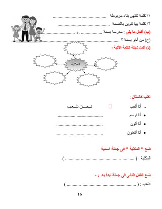 ١‫كلمة‬ /‫تنتهى‬‫بتاء‬‫مربوطة‬.............................................
۲‫كلمة‬ /‫بها‬‫تنوين‬‫بالضمة‬............................................
‫أكمل‬ (‫)ب‬‫ما‬‫يلى‬‫مدرسة‬ :‫بسمة‬‫و‬ ..................................................
‫من‬ (‫)ج‬‫أخو‬‫بسمة‬‫؟‬....................................................................
‫أكمل‬ (‫)د‬‫شبكة‬‫الكلمة‬‫التية‬:
‫اكتب‬‫كالمثال‬:
•‫أنا‬‫ألعب‬‫نــحــــن‬‫نلـــعـب‬
•‫أنا‬‫ارسم‬......................................
•‫أنا‬‫ألون‬.......................................
•‫أنا‬‫أتعاون‬........................................
‫ضع‬‫المكتبة‬ "‫فى‬ "‫جملة‬‫اسمية‬
‫المكتبة‬( .......................................................... ) :
‫ضع‬‫الفعل‬‫التالى‬‫فى‬‫جملة‬‫تبدأ‬‫به‬- :
‫أذهب‬( .......................................................... ) :
16
‫المكتبة‬‫المكتبة‬
 