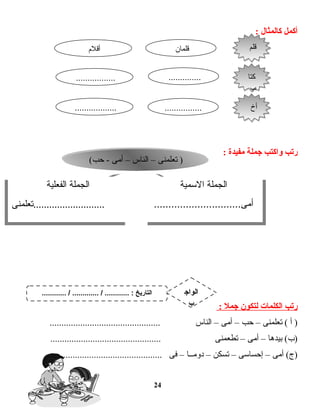 ‫أكمل‬‫كالمثال‬:
‫رتب‬‫واكتب‬‫جملة‬‫مفيدة‬:
‫رتب‬‫الكلمات‬‫لتكون‬‫جمل‬:
‫أ‬ )‫تعلمنى‬ (–‫حب‬–‫أمى‬–‫الناس‬...............................................
‫بيدها‬ (‫)ب‬–‫أمى‬–‫تطعمنى‬...............................................
‫أمى‬ (‫)ج‬–‫إحساسى‬–‫تسكن‬–‫دومــا‬–‫فى‬...............................................
24
‫قلم‬‫قلم‬‫قلمان‬‫أقلم‬
‫كتا‬
‫ب‬
‫كتا‬
‫ب‬
...............................
‫أخ‬‫أخ‬..................................
(‫حب‬ - ‫أمى‬ – ‫الناس‬ – ‫تعلمنى‬ )(‫حب‬ - ‫أمى‬ – ‫الناس‬ – ‫تعلمنى‬ )
‫السمية‬ ‫الجملة‬
..............................‫أمى‬
‫السمية‬ ‫الجملة‬
..............................‫أمى‬
‫الفعلية‬ ‫الجملة‬
‫...........................تعلمنى‬
‫الفعلية‬ ‫الجملة‬
‫...........................تعلمنى‬
............ / ............. / ............ : ‫التاريخ‬ ‫الواج‬
‫ب‬
 