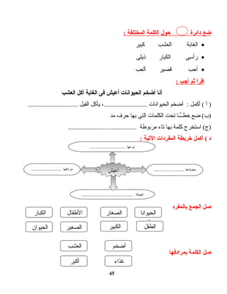 ‫ضع‬‫دائرة‬‫حول‬‫الكلمة‬‫المختلفة‬:
•‫الغابة‬‫العشب‬‫كبير‬
•‫رأدسى‬‫الكبار‬‫ذيلى‬
•‫أحب‬‫قصير‬‫ألعب‬
‫اقرأ‬‫ثم‬‫أجب‬:
‫أنا‬‫أضخم‬‫الحيوانات‬‫أعيش‬‫فى‬‫الغابة‬‫آكل‬‫العشب‬
‫أ‬ )‫أكمل‬ (‫أضخم‬ :‫الحيوانات‬،..........................‫يأكل‬‫الفيل‬..............................
‫ضع‬ (‫)ب‬‫ــا‬ًّ‫خطـ‬‫تحت‬‫الكلمات‬‫التى‬‫بها‬‫حرف‬‫مد‬
‫ادستخرج‬ (‫)ج‬‫كلمة‬‫بها‬‫تاء‬‫مربوطة‬.........................................
‫د‬‫أكمل‬ (‫خريطة‬‫المفردات‬‫التية‬:
‫صل‬‫الجمع‬‫بالمفرد‬
‫صل‬‫الكلمة‬‫بمرادفها‬
45
‫الحيوانا‬
‫ت‬
‫الكبار‬ ‫الطفال‬ ‫الصغار‬
‫الطفل‬‫الكبير‬‫الصغير‬‫الحيوان‬
‫العشب‬ ‫أضخم‬
‫غذاء‬‫أكبر‬
........................... ‫مضادها‬........................... ‫مرادفها‬
.............................................. ‫الجملة‬
‫أعيش‬
................................ ‫نوعها‬
 