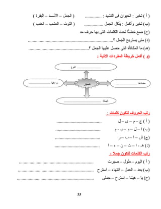 ‫أ‬ )‫تخير‬ (‫الحيوان‬ :‫فى‬‫النشيد‬‫الجمل‬ ) .............. :–‫الـســد‬–‫البقرة‬(
‫تخير‬ (‫)ب‬‫وأكمل‬‫يأكل‬ :‫الجمل‬‫التوت‬ ) ................–‫العشب‬–‫العنب‬(
‫ضع‬ (‫)ج‬‫ت ا‬‫ـ‬ًّ‫خطـ‬‫تحت‬‫ت ات‬‫م‬‫الكل‬‫التى‬‫ت ا‬‫ه‬‫ب‬‫حرف‬‫مد‬
‫متى‬ (‫)د‬‫يستريح‬‫الجمل‬........................................................................‫؟‬
‫ت ا‬‫م‬ (‫)هـ‬‫ت افأة‬‫ك‬‫الم‬‫التى‬‫حصل‬‫ت ا‬‫ه‬‫علي‬‫الجمل‬...................................................‫؟‬
‫)و‬‫أكمل‬ (‫خريطة‬‫المفردات‬‫اليتية‬:
‫ريتب‬‫الحروف‬‫لتكون‬‫كلمات‬:
‫أ‬ )‫ج‬ (–‫م‬–‫ى‬–‫ل‬......................................
‫ا‬ (‫)ب‬–‫ل‬–‫و‬–‫يـ‬‫م‬ -......................................
‫ش‬ (‫)ج‬–‫ا‬–‫ب‬–‫ر‬......................................
‫هـ‬ (‫)د‬‫ا‬ -–‫ت‬–‫ن‬–‫ء‬–‫ا‬......................................
‫ريتب‬‫الكلمات‬‫لتكون‬‫جمل‬:
‫أ‬ )‫اليوم‬ (–‫طول‬–‫صبرت‬...............................................................
‫بعد‬ (‫)ب‬–‫العمل‬–‫ت اء‬‫ه‬‫انت‬–‫اـسترح‬................................................................
‫ت ا‬‫ي‬ (‫)ج‬–‫ت ا‬‫ـ‬‫ـ‬ّ‫ـ‬‫هي‬–‫اـسترح‬–‫جملى‬.................................................................
53
........................... ‫مضادها‬........................... ‫مرادفها‬
.............................................. ‫الجملة‬
‫صبر‬
‫ت‬
‫النوع‬ ................................
 