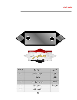 ‫خامسا‬‫:الملء‬
____________________________________________________
58
‫الدرس‬‫الموضوع‬‫الصفحة‬
‫الول‬‫الرنب‬‫الكسلن‬٥٤
‫الثانى‬‫هيا‬‫نطير‬٦٠
‫الثالث‬‫نشيد‬‫وطنى‬(‫)حفظ‬٦٦
‫المراجعة‬‫المتحان‬‫الول‬٧١
‫المتحان‬‫الثانى‬٧٣
 