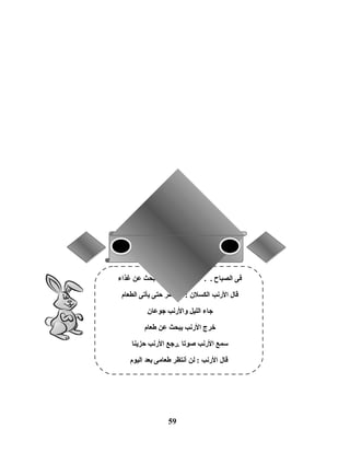 59
‫غذا ء‬ ‫عن‬ ‫يتبحث‬ ‫الرانب‬ ‫خرجت‬ . . . ‫الصباح‬ ‫فى‬
‫الطعام‬ ‫يأيتى‬ ‫حتى‬ ‫سأنتظر‬ : ‫الكسلن‬ ‫الرنب‬ ‫قال‬
‫جوعان‬ ‫والرنب‬ ‫الليل‬ ‫جا ء‬
‫طعام‬ ‫عن‬ ‫يبحث‬ ‫الرنب‬ ‫خرج‬
‫حزينا‬ ‫الرنب‬ ‫.رجع‬ ‫صويتا‬ ‫الرنب‬ ‫سمع‬
‫اليوم‬ ‫بعد‬ ‫طعامى‬ ‫أنتظر‬ ‫لن‬ : ‫الرنب‬ ‫قال‬
 