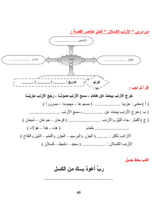 ‫من‬‫درس‬‫الرنب‬ ‫الكسلن‬‫أكمل‬ ‫عناصر‬‫القصة‬:
‫اقرأ‬‫ثم‬‫اجب‬:
‫خرج‬‫الرنب‬‫يبحث‬‫عن‬‫طعام‬،‫سمع‬‫الرنب‬‫اـا‬‫اـ‬ً‫ا‬‫يت‬‫صو‬،‫رجع‬‫الرنب‬‫اـا‬ً‫ا‬‫اـ‬‫ن‬‫حزي‬
‫أ‬ )‫معنى‬ (‫ت ا‬‫ن‬‫حزي‬ :‫ت ا‬‫ع‬‫مسمو‬ ) ......................–‫ت ا‬‫م‬‫مهمو‬–‫مسرورا‬(
‫ب‬ )‫خرج‬ (‫الرنب‬‫يبحث‬‫عن‬،..................‫ـسمع‬‫الرنب‬..........................
‫ج‬ )‫أكمل‬ (‫ت اء‬‫ج‬ :‫الليل‬‫والرنب‬‫ت ان‬‫ح‬‫فر‬ ) ............................–‫ت ان‬‫ع‬‫جو‬–‫ت ان‬‫ع‬‫شب‬(
‫ت ام‬‫ع‬‫ط‬ .............................‫هذه‬ )–‫هذا‬–‫هؤلء‬(
‫الرانب‬‫تأكل‬‫الجزر‬ ) .......... :‫والبرـسيم‬–‫الجزر‬‫واللحم‬–‫التين‬‫ت اح‬‫ف‬‫والت‬(
‫الرنب‬‫الكسلن‬‫ـسعيد‬ ) .................... :–‫نشيط‬–‫كسلن‬(
‫اكتب‬‫بخط‬‫جميل‬
‫ب‬ِّ  ‫ر‬َ‫أعوذ‬‫ك‬َ ‫اـ‬‫اـ‬‫باـ‬‫من‬‫الكسل‬
..........................................................
65
‫ت اصر‬‫ن‬‫ع‬
‫القصة‬
........................... ‫الشخاص‬
........................... ‫المكان‬........................... ‫الزمان‬
.............................................. ‫الحداث‬
............ / ............. / ............ : ‫التاريخ‬ ‫الواج‬
‫ب‬
 