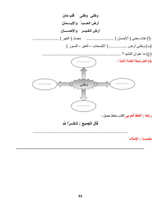 ‫وطنى‬‫وطنى‬‫قلب‬‫حان‬
‫أرض‬‫ب‬ّ‫ـ‬ ‫ىـ‬‫ىـ‬‫الحىـ‬‫ىـمان‬‫ىـ‬‫ىـ‬‫واليىـىـ‬
‫أرض‬‫الخىـيىـىـىـر‬‫ىـان‬‫ىـ‬‫ىـ‬‫ىـ‬‫س‬‫والح‬
‫هات‬ (‫)أ‬‫معنى‬‫الحسان‬ )‫مضاد‬ ....................... (‫الخير‬ )...................... (
‫وطنى‬ (‫)ب‬‫أنرض‬‫الصحاب‬ ) ...............–‫الخير‬‫النسونر‬ -(
‫ما‬ (‫)ج‬‫عنوان‬‫النشيد‬‫؟‬...................................................................
‫أكمل‬ (‫)د‬‫شبكة‬‫الكلمة‬‫اليتية‬:
‫رابعا‬‫الخط‬ :‫العربى‬‫اكتب‬‫بخط‬‫جميل‬:
‫قال‬‫الجميع‬‫را‬ً‫ا‬ ‫ىـىـ‬‫ىـ‬‫شك‬ :‫ل‬
................................................................................
‫ىـا‬ً‫ا‬‫س‬‫خام‬‫الملء‬ :
______________________________________________________
93
‫وطنى‬
..................
.
..................
.
..................
.
..................
.
 