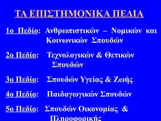 ΤΑ ΕΠΙΣΤΗΜΟΝΙΚΑ ΠΕΔΙΑ
1ο Πεδίο: Ανθρωπιστικών – Νομικών και
Κοινωνικών Σπουδών
2ο Πεδίο: Τεχνολογικών & Θετικών
Σπουδών
3ο Πεδίο: Σπουδών Υγείας & Ζωής
4ο Πεδίο: Παιδαγωγικών Σπουδών
5ο Πεδίο: Σπουδών Οικονομίας &
Πληροφορικής
 