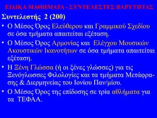 Συντελεστής 2 (200)
• Ο Μέσος Όρος Ελεύθερου και Γραμμικού Σχεδίου
σε όσα τμήματα απαιτείται εξέταση.
• Ο Μέσος Όρος Αρμονίας και Ελέγχου Μουσικών
Ακουστικών Ικανοτήτων σε όσα τμήματα απαιτείται
εξέταση.
• Η Ξένη Γλώσσα (ή οι ξένες γλώσσες) για τις
Ξενόγλωσσες Φιλολογίες και τα τμήματα Μετάφρα-
σης & Διερμηνείας του Ιονίου Παν/μίου.
• Ο Μέσος Όρος της επίδοσης σε τρία αθλήματα για
τα ΤΕΦΑΑ.
ΕΙΔΙΚΑ ΜΑΘΗΜΑΤΑ - ΣΥΝΤΕΛΕΣΤΕΣ ΒΑΡΥΤΗΤΑΣ
 