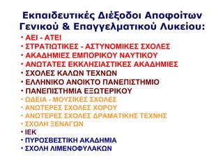 Εκπαιδευτικές Διέξοδοι Αποφοίτων
Γενικού & Επαγγελματικού Λυκείου:
• ΑΕΙ - ΑΤΕΙ
• ΣΤΡΑΤΙΩΤΙΚΕΣ - ΑΣΤΥΝΟΜΙΚΕΣ ΣΧΟΛΕΣ
• ΑΚΑΔΗΜΙΕΣ ΕΜΠΟΡΙΚΟΥ ΝΑΥΤΙΚΟΥ
• ΑΝΩΤΑΤΕΣ ΕΚΚΛΗΣΙΑΣΤΙΚΕΣ ΑΚΑΔΗΜΙΕΣ
• ΣΧΟΛΕΣ ΚΑΛΩΝ ΤΕΧΝΩΝ
• ΕΛΛΗΝΙΚΟ ΑΝΟΙΚΤΟ ΠΑΝΕΠΙΣΤΗΜΙΟ
• ΠΑΝΕΠΙΣΤΗΜΙΑ ΕΞΩΤΕΡΙΚΟΥ
• ΩΔΕΙΑ - ΜΟΥΣΙΚΕΣ ΣΧΟΛΕΣ
• ΑΝΩΤΕΡΕΣ ΣΧΟΛΕΣ ΧΟΡΟΥ
• ΑΝΩΤΕΡΕΣ ΣΧΟΛΕΣ ΔΡΑΜΑΤΙΚΗΣ ΤΕΧΝΗΣ
• ΣΧΟΛΗ ΞΕΝΑΓΩΝ
• ΙΕΚ
• ΠΥΡΟΣΒΕΣΤΙΚΗ ΑΚΑΔΗΜΙΑ
• ΣΧΟΛΗ ΛΙΜΕΝΟΦΥΛΑΚΩΝ
 