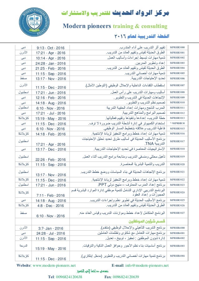 الخطة التدريبية لعام 2016 مركز الرواد الحديث للتدريب والإستشارات