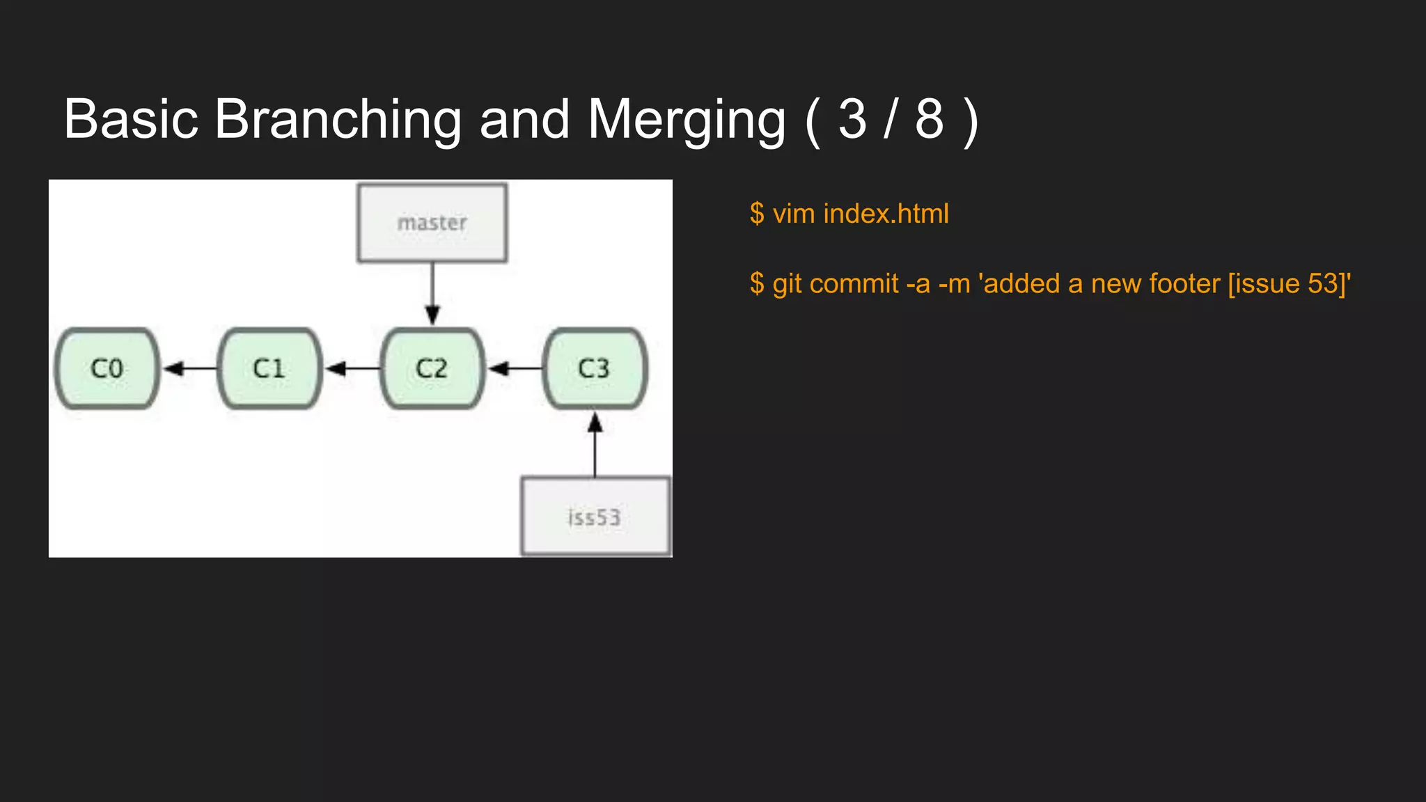 Basic Branching and Merging ( 3 / 8 )
$ vim index.html
$ git commit -a -m 'added a new footer [issue 53]'
 