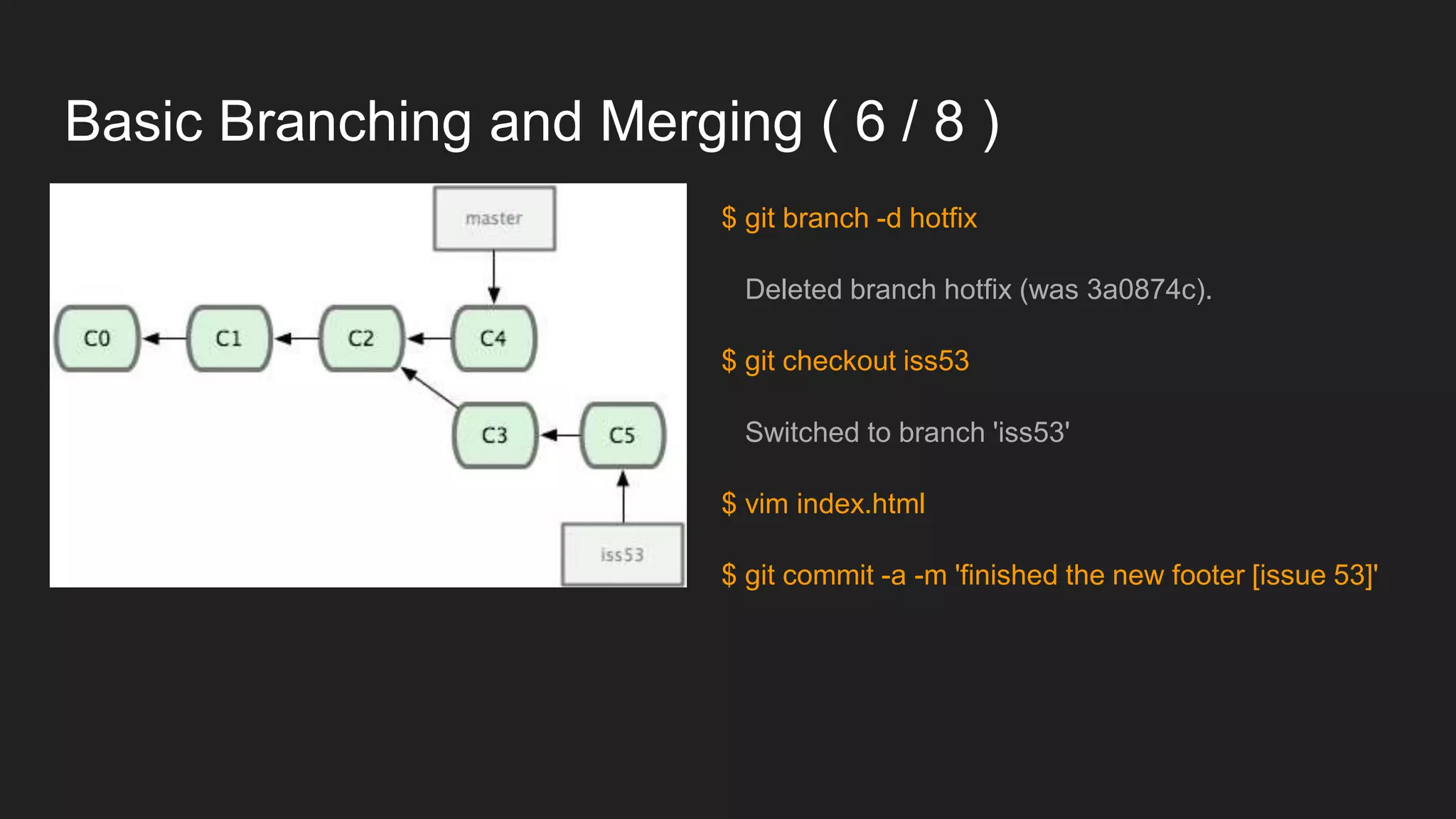 Basic Branching and Merging ( 6 / 8 )
$ git branch -d hotfix
Deleted branch hotfix (was 3a0874c).
$ git checkout iss53
Switched to branch 'iss53'
$ vim index.html
$ git commit -a -m 'finished the new footer [issue 53]'
 