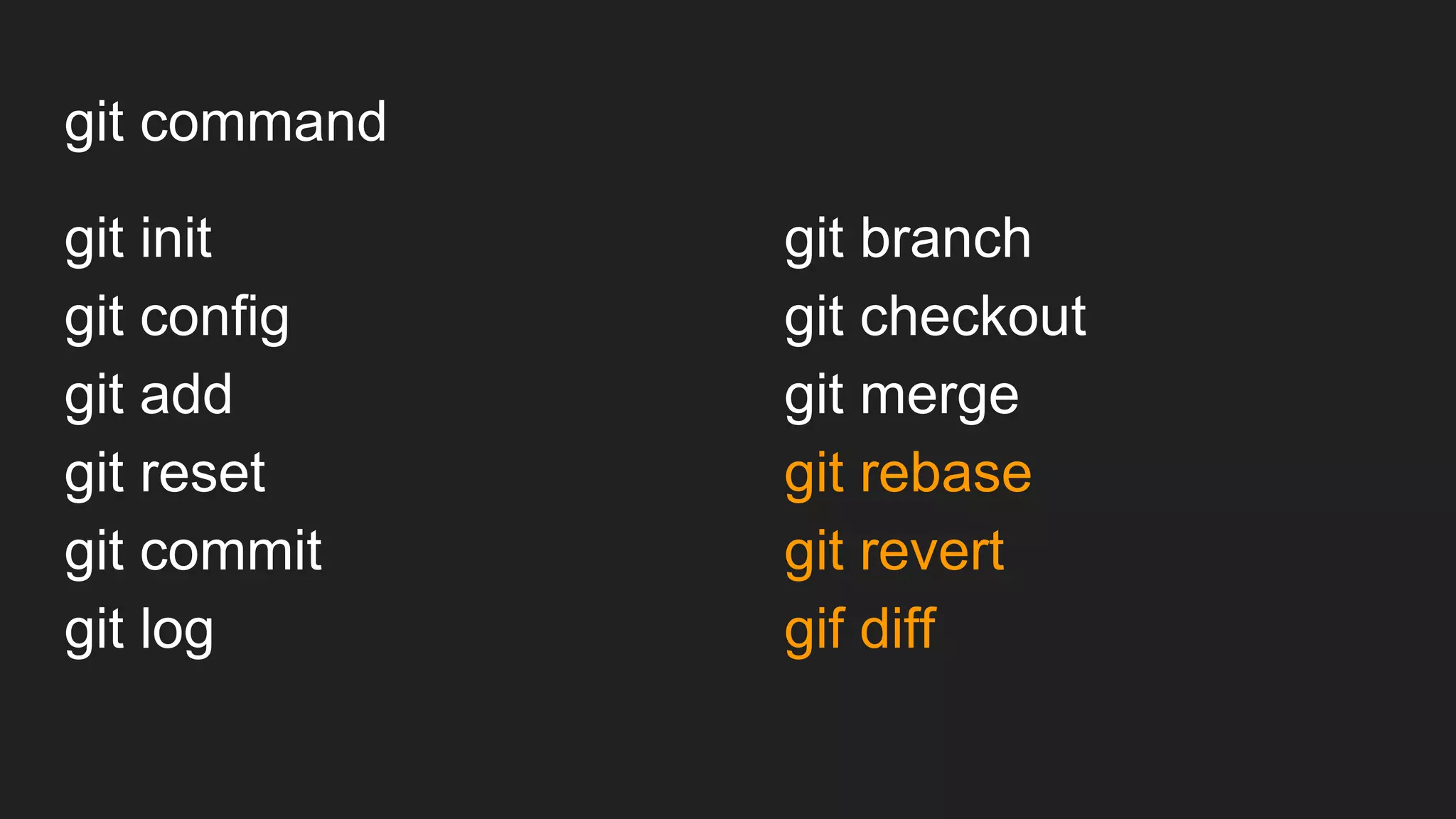 git command
git init
git config
git add
git reset
git commit
git log
git branch
git checkout
git merge
git rebase
git revert
gif diff
 