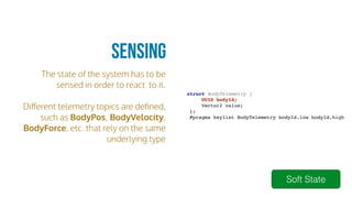 The state of the system has to be
sensed in order to react to it.
Diﬀerent telemetry topics are deﬁned,
such as BodyPos, BodyVelocity,
BodyForce, etc. that rely on the same
underlying type
Sensing
struct BodyTelemetry {
UUID bodyId;
Vector2 value;
};
#pragma keylist BodyTelemetry bodyId.low bodyId.high
Soft State
 