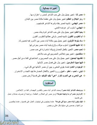 31
‫لنا‬ ‫مصر‬:‫بها‬ ‫اعتزازه‬ ‫و‬ ‫لمصر‬ ‫الشاعر‬ ‫حب‬ ‫على‬ ‫يدل‬ ‫جميل‬ ‫تعبير‬.
‫العظم‬ ‫و‬ ‫الجالل‬ ‫رمز‬:‫البلدان‬ ‫بين‬ ‫مصر‬ ‫مكانة‬ ‫عظمة‬ ‫على‬ ‫يدل‬ ‫جميل‬ ‫تعبير‬.
‫انهضي‬ ‫مصر‬:‫تش‬‫فتستجيب‬ ‫الشاعر‬ ‫يأمرها‬ ‫بفتاه‬ ‫لمصر‬ ‫بيه‬.
‫انهضي‬:‫التمني‬ ‫غرضه‬ ‫أمر‬ ‫أسلوب‬.
‫العلم‬ ‫يحيا‬:‫مصر‬ ‫بقاء‬ ‫لدوام‬ ‫الشاعر‬ ‫حب‬ ‫على‬ ‫يدل‬ ‫جميل‬ ‫تعبير‬.
‫الفنون‬ ‫و‬ ‫العلوم‬ ‫أم‬:‫الفنون‬ ‫و‬ ‫للعلوم‬ ‫عطائها‬ ‫في‬ ‫بأم‬ ‫لمصر‬ ‫تشبيه‬.
‫األولون‬ ‫بنوها‬ ‫ساد‬:‫تح‬ ‫فيه‬ ‫و‬ ‫األمم‬ ‫بين‬ ‫مصر‬ ‫أبناء‬ ‫مكانة‬ ‫يبين‬ ‫جميل‬ ‫تعبير‬‫لنا‬ ‫ميس‬.
‫قائمون‬ ‫عليها‬ ‫إنا‬:‫بـ‬ ‫مؤكد‬ ‫أسلوب‬(‫إن‬)‫لها‬ ‫بحراس‬ ‫مصر‬ ‫أبناء‬ ‫يشبه‬.
‫مصر‬ ‫نحب‬:‫مصر‬ ‫حب‬ ‫في‬ ‫استمرارنا‬ ‫يؤكد‬ ‫المضارع‬ ‫بالفعل‬ ‫التعبير‬.
‫مخلصين‬:‫بالدهم‬ ‫حب‬ ‫في‬ ‫المصريين‬ ‫إخالص‬ ‫يبين‬ ‫تعبير‬.
‫أجمعين‬ ‫نفتديها‬:‫مصر‬ ‫أجل‬ ‫من‬ ‫الفداء‬ ‫في‬ ‫اتحادهم‬ ‫و‬ ‫المصريين‬ ‫حب‬ ‫على‬ ‫يدل‬ ‫جميل‬ ‫تعبير‬.
‫المكرمين‬ ‫حيينا‬ ‫فيها‬:‫ألبنائها‬ ‫مصر‬ ‫فضل‬ ‫على‬ ‫يدل‬ ‫تعبير‬.
‫العدم‬ ‫و‬ ‫الوجود‬:‫شيء‬ ‫كل‬ ‫هي‬ ‫ألبنائها‬ ‫مصر‬ ‫أن‬ ‫يبين‬ ‫و‬ ‫المعنى‬ ‫يقوي‬ ‫تضاد‬.
‫نبني‬–‫نحب‬–‫نعلو‬–‫ندين‬:.......‫االستمرار‬ ‫و‬ ‫التجدد‬ ‫يفيد‬ ‫المضارعة‬ ‫باألفعال‬ ‫التعبير‬.
‫الحرم‬ ‫هي‬ ‫و‬ ‫الحمى‬ ‫هي‬:‫تكرار‬"‫هي‬"‫التوكيد‬ ‫يفيد‬‫ع‬‫مصر‬ ‫أرض‬ ‫قدسية‬ ‫لى‬.
‫مصر؟‬ ‫أبناء‬ ‫الشاعر‬ ‫وصف‬ ‫بم‬‫بالتق‬ ‫مصر‬ ‫أبناء‬ ‫الشاعر‬ ‫وصف‬‫اإلخالص‬ ‫و‬ ‫الفداء‬ ‫و‬ ‫النهضة‬ ‫و‬ ‫دم‬.
‫نحوها؟‬ ‫واجبنا‬ ‫ما‬ ‫و‬ ‫مصر؟‬ ‫ترمز‬ ‫إالم‬‫أ‬ ‫وواجبنا‬ ، ‫العظمة‬ ‫و‬ ‫الجالل‬ ‫إلى‬ ‫مصر‬ ‫ترمز‬‫نعمل‬ ‫و‬ ‫حماها‬ ‫نصرف‬ ‫ن‬
‫تقدمها‬ ‫على‬.
‫خيرها؟‬ ‫في‬ ً‫ا‬‫سبب‬ ‫مصر‬ ‫أبناء‬ ‫يكون‬ ‫كيف‬‫يجت‬ ‫عندما‬‫يخلصون‬ ‫عندما‬ ‫و‬ ‫تقدمها‬ ‫على‬ ‫العمل‬ ‫و‬ ‫إنهائها‬ ‫في‬ ‫هدون‬
‫ورخيص‬ ‫غالي‬ ‫بكل‬ ‫سبيلها‬ ‫في‬ ‫يضحون‬ ‫و‬ ‫أجلها‬ ‫من‬.
‫المن‬‫اقشة‬
‫جمالية‬ ‫تعبيرات‬
 