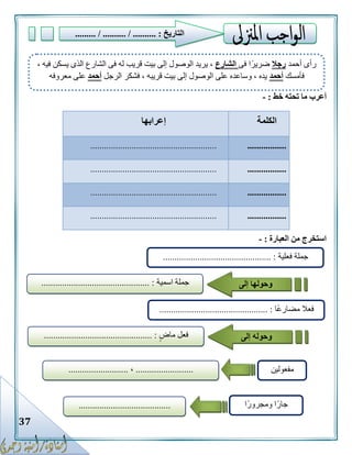 37
‫خط‬ ‫تحته‬ ‫ما‬ ‫أعرب‬:-
‫الكلمة‬‫إعرابها‬
........................................................................
........................................................................
........................................................................
........................................................................
‫العبارة‬ ‫من‬ ‫استخرج‬:-
‫التاريخ‬......... / .......... / .......... :
‫أحمد‬ ‫رأى‬‫رجال‬‫فى‬ ‫ا‬ً‫ضرير‬‫الشارع‬، ‫فيه‬ ‫يسكن‬ ‫الذى‬ ‫الشارع‬ ‫فى‬ ‫له‬ ‫قريب‬ ‫بيت‬ ‫إلى‬ ‫الوصول‬ ‫يريد‬ ،
‫فأمسك‬‫أحمد‬‫الرجل‬ ‫فشكر‬ ، ‫قريبه‬ ‫بيت‬ ‫إلى‬ ‫الوصول‬ ‫على‬ ‫وساعده‬ ، ‫يده‬‫أحمد‬‫مع‬ ‫على‬‫روفه‬
‫فعلية‬ ‫جملة‬............................................... :
‫جملة‬‫اسمية‬............................................... : ‫وحولها‬‫إلى‬
‫ًا‬‫ع‬‫مضار‬ ‫فعال‬........................ :.......................
‫ماض‬ ‫فعل‬............................................... : ‫وحوله‬‫إلى‬
‫مفعولين‬.........................،..........................
‫ومجرورًا‬ ‫ا‬ً‫جار‬........................................
 