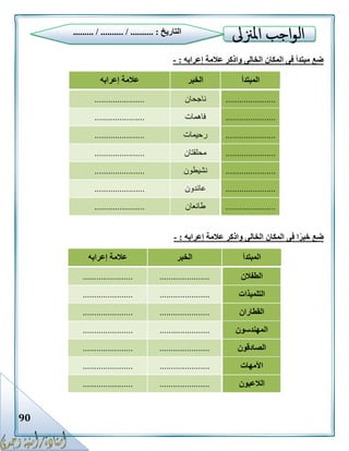 90
‫إعرابه‬ ‫عالمة‬ ‫واذكر‬ ‫الخالى‬ ‫المكان‬ ‫فى‬ ‫مبتدأ‬ ‫ضع‬:-
‫المبتدأ‬‫الخبر‬‫إعرابه‬ ‫عالمة‬
......................‫ناجحان‬......................
......................‫فاهمات‬......................
......................‫رحيمات‬......................
......................‫محلقتان‬......................
......................‫نشيطون‬......................
......................‫عائدون‬......................
......................‫طائعان‬......................
‫إعرابه‬ ‫عالمة‬ ‫واذكر‬ ‫الخالى‬ ‫المكان‬ ‫فى‬ ‫ا‬ً‫خبر‬ ‫ضع‬:-
‫المبتدأ‬‫الخبر‬‫إعرابه‬ ‫عالمة‬
‫الطفالن‬............................................
‫التلميذات‬............................................
‫القطاران‬............................................
‫المهندسون‬............................................
‫الصادقون‬............................................
‫األمهات‬............................................
‫الالعبون‬............................................
‫التاريخ‬......... / .......... / .......... :
 