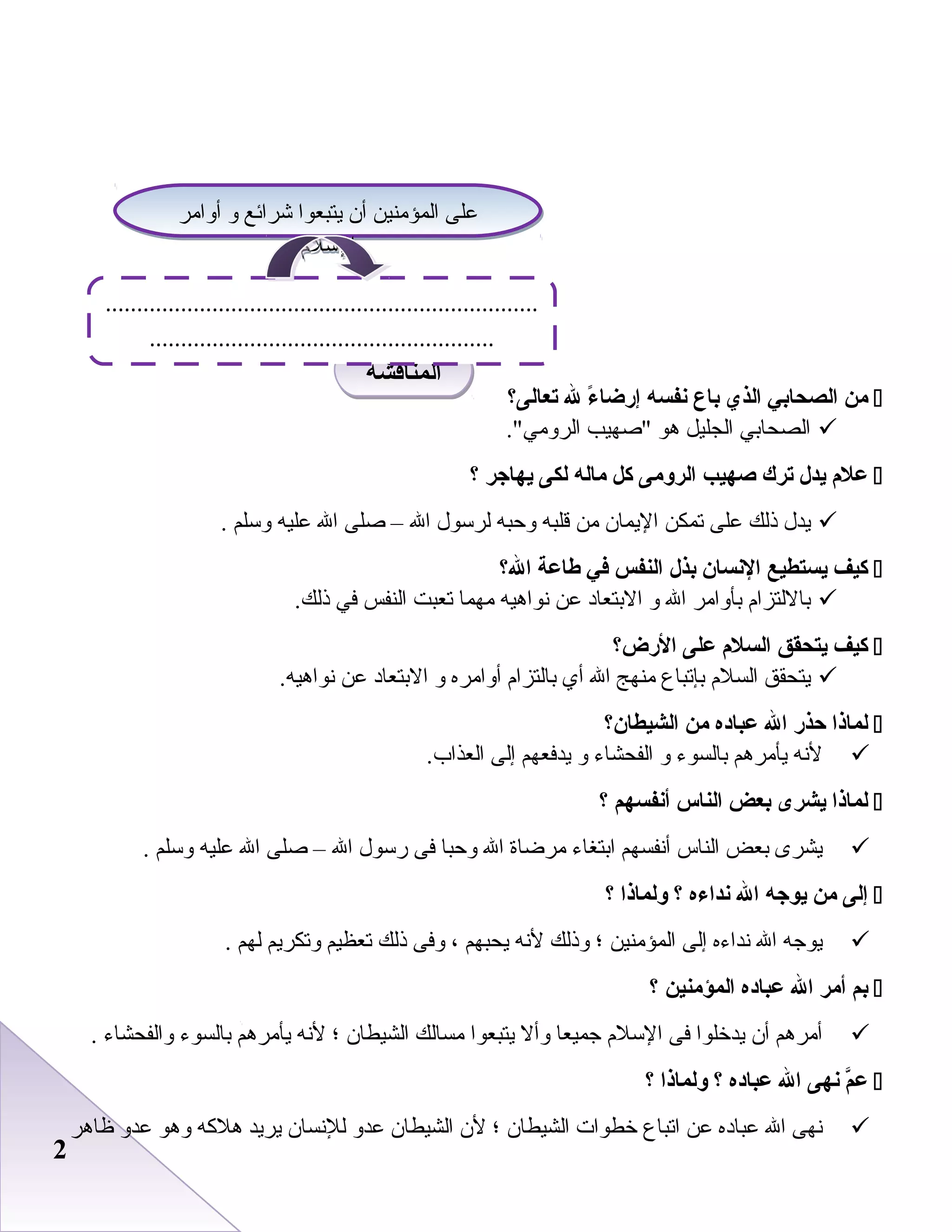 22
‫من‬‫الصحابي‬‫الذي‬‫باع‬‫نفسه‬‫ء‬ً ‫إرضا‬‫ل‬‫تعالى؟‬
‫الصحابي‬‫الجليل‬‫هو‬‫صهيب‬.‫الرومي‬
‫عل م‬‫يدل‬‫ترك‬‫صهيب‬‫الرلومى‬‫كل‬‫ماله‬‫لكى‬‫يهاجر‬‫؟‬
‫يدل‬‫ذلك‬‫على‬‫تمكن‬‫اليمان‬‫من‬‫قلبه‬‫وحبه‬‫لرسول‬‫ال‬–‫صلى‬‫ال‬‫عليه‬‫وسلم‬.
‫كيف‬‫يستطيع‬‫النسان‬‫بذل‬‫النفس‬‫في‬‫طاعة‬‫ال؟‬
‫باللتزا م‬‫بأوامر‬‫ال‬‫و‬‫البتعاد‬‫عن‬‫نواهيه‬‫مهما‬‫تعبت‬‫النفس‬‫في‬.‫ذلك‬
‫كيف‬‫يتحقق‬‫السل م‬‫على‬‫الرض؟‬
‫يتحقق‬‫السل م‬‫بإتباع‬‫منهج‬‫ال‬‫أي‬‫بالتزا م‬‫أوامره‬‫و‬‫البتعاد‬‫عن‬.‫نواهيه‬
‫لماذا‬‫حذر‬‫ال‬‫عباده‬‫من‬‫الشيطان؟‬
‫لنه‬‫يأمرهم‬‫بالسوء‬‫و‬‫الفحشاء‬‫و‬‫يدفعهم‬‫إلى‬.‫العذاب‬
‫لماذا‬‫يشرى‬‫بعض‬‫الناس‬‫أنفسهم‬‫؟‬
‫يشرى‬‫بعض‬‫الناس‬‫أنفسهم‬‫ابتغاء‬‫مرضاة‬‫ال‬‫وحبا‬‫فى‬‫رسول‬‫ال‬–‫صلى‬‫ال‬‫عليه‬‫وسلم‬.
‫إلى‬‫من‬‫يوجه‬‫ال‬‫نداءه‬‫؟‬‫لولماذا‬‫؟‬
‫يوجه‬‫ال‬‫نداءه‬‫إلى‬‫المؤمنين‬‫؛‬‫وذلك‬‫لنه‬‫يحبهم‬،‫وفى‬‫ذلك‬‫تعظيم‬‫وتكريم‬‫لهم‬.
‫بم‬‫أمر‬‫ال‬‫عباده‬‫المؤمنين‬‫؟‬
‫أمرهم‬‫أن‬‫يدخلوا‬‫فى‬‫السل م‬‫جميعا‬‫وأل‬‫يتبعوا‬‫مسالك‬‫الشيطان‬‫؛‬‫لنه‬‫يأمرهم‬‫بالسوء‬‫والفحشاء‬.
‫م‬ّ ‫ع‬‫نهى‬‫ال‬‫عباده‬‫؟‬‫لولماذا‬‫؟‬
‫نهى‬‫ال‬‫عباده‬‫عن‬‫اتباع‬‫خطوات‬‫الشيطان‬‫؛‬‫لن‬‫الشيطان‬‫عدو‬‫للنسان‬‫يريد‬‫هلكه‬‫وهو‬‫عدو‬‫ظاهر‬
‫المناقشة‬‫المناقشة‬
‫أوامر‬ ‫و‬ ‫شرائع‬ ‫يتبعوا‬ ‫أن‬ ‫المؤمنين‬ ‫على‬
‫السل م‬
‫أوامر‬ ‫و‬ ‫شرائع‬ ‫يتبعوا‬ ‫أن‬ ‫المؤمنين‬ ‫على‬
‫السل م‬
.....................................................................
.......................................................
 