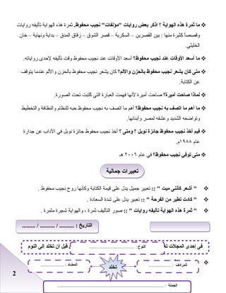 22
‫ما‬‫ثمرة‬‫هذه‬‫الهواية‬‫؟‬‫اذكر‬‫بعض‬‫رلوايات‬‫نجيب‬ ‫مؤلفات‬.‫محفوظ‬‫ثمرة‬‫هذه‬‫الهواية‬‫تأليفه‬‫روايات‬
‫ا‬ً ‫وقصص‬‫كثيرة‬‫منها‬‫بين‬ :‫القصرين‬–‫السكرية‬–‫قصر‬‫الشوق‬–‫زقاق‬‫المدق‬–‫بداية‬‫ونهاية‬–‫خان‬
.‫الخليلي‬
‫ما‬‫أسعد‬‫اللوقات‬‫عند‬‫نجيب‬‫محفوظ؟‬‫أسعد‬‫الوقات‬‫عند‬‫نجيب‬‫محفوظ‬‫وقت‬‫تأليفه‬‫لحدى‬.‫رواياته‬
‫متى‬‫كان‬‫يشعر‬‫نجيب‬‫محفوظ‬‫بالحزن‬‫لواللم؟‬‫كان‬‫يشعر‬‫نجيب‬‫محفوظ‬‫بالحزن‬‫واللم‬‫عندما‬‫يتوقف‬
‫عن‬.‫الكتابة‬
‫لماذا‬‫صاحت‬‫أميرة؟‬‫صاحت‬‫أميرة‬‫لنها‬‫فهمت‬‫العبارة‬‫التي‬‫كتبت‬ُ‫تحت‬.‫الصورة‬
‫ما‬‫أهم‬‫ما‬‫اتصف‬‫به‬‫نجيب‬‫محفوظ؟‬‫أهم‬‫ما‬‫اتصف‬‫به‬‫نجيب‬‫محفوظ‬‫حبه‬‫للنظا م‬‫والنظافة‬‫والتخطيط‬
‫وتواضعه‬‫الشديد‬‫وعشقه‬‫لمصر‬.‫وأبنائها‬
‫فيم‬‫أخذ‬‫نجيب‬‫محفوظ‬‫جائزة‬‫نوبل‬‫؟‬‫لومتى‬‫؟‬‫أخذ‬‫نجيب‬‫محفوظ‬‫جائزة‬‫نوبل‬‫في‬‫الداب‬‫عن‬‫جدارة‬
‫عا م‬١٩٨٨.‫ م‬
‫متى‬‫توفي‬‫نجيب‬‫محفوظ؟‬‫في‬‫عا م‬٢٠٠٦‫هـ‬
‫أشعر‬ ‫كأننى‬‫ميت‬:: ‫تعبير‬‫جميل‬‫يدل‬‫على‬‫قيمة‬‫الكتابة‬‫وكأنها‬‫روح‬‫نجيب‬‫محفوظ‬.
‫كادت‬ ‫تطير‬‫من‬‫الفرحة‬:: ‫تعبير‬‫يدل‬‫على‬‫شدة‬‫السعادة‬.
‫ثمرة‬ ‫هذه‬‫الهواية‬‫تأليفه‬‫رلوايات‬:: ‫صور‬‫التأليف‬‫ثمرة‬،‫والهواية‬‫شجرة‬‫مثمرة‬.
‫أكمل‬‫خريطة‬‫المفردات‬:-
‫جمالية‬ ‫تعبيرات‬‫جمالية‬ ‫تعبيرات‬
‫النو م‬ ‫إلى‬ ‫تخلد‬ ‫أن‬ ‫قبل‬ ‫الطفال‬ ‫قصص‬ ‫من‬ ‫قصيرة‬ ‫قصة‬ ‫تقرأ‬ ‫أن‬ ‫أميرة‬ ‫تعودت‬ ‫المجلت‬ ‫إحدى‬ ‫فى‬‫النوع‬......................................... :
‫الجملة‬................................................................................................ :
‫المضاد‬..................... : ‫المرادف‬.................... :
‫تخلد‬‫تخلد‬
......... / .......... / .......... : ‫التاريخ‬......... / .......... / .......... : ‫التاريخ‬
 