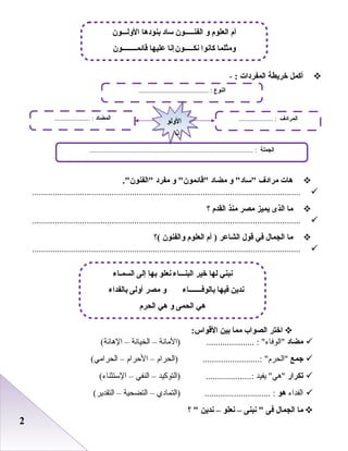 22
‫أكمل‬‫خريطة‬‫المفردات‬:-
‫هات‬‫مرادف‬‫لو‬ ‫ساد‬‫مضاد‬‫لو‬ ‫قائمون‬‫مفرد‬.‫الفنون‬
......................................................................................................................
‫ما‬‫الذى‬‫يميز‬‫مصر‬‫منذ‬‫القد م‬‫؟‬
......................................................................................................................
‫ما‬‫الجمال‬‫في‬‫قول‬‫الشاعر‬‫أ م‬ )‫العلو م‬‫لوالفنون‬‫(؟‬
......................................................................................................................
‫اختر‬‫الصواب‬‫مما‬‫بين‬:‫القواس‬
‫مضاد‬..................... : ‫الوفاء‬‫)المانة‬–‫الخيانة‬–(‫الهانة‬
‫جمع‬.........................: ‫الحر م‬‫)الحرا م‬–‫الحرا م‬–(‫الحرامي‬
‫تكرار‬‫يفيد‬ ‫هي‬....................:‫)التوكيد‬–‫النفي‬–(‫الستثناء‬
‫الفداء‬‫هو‬............................. :‫)التمادي‬–‫التضحية‬–(‫التقدير‬
‫ما‬‫الجمال‬‫فى‬‫نبنى‬ –‫نعلو‬–‫ندين‬‫؟‬ 
‫الفنـــــون‬ ‫لو‬ ‫العلو م‬ ‫أ م‬‫اللولـــون‬ ‫بنودها‬ ‫ساد‬
‫نكـــــون‬ ‫كانوا‬ ‫لومثلما‬‫قائمــــــــون‬ ‫عليها‬ ‫إنا‬
‫البنـــاء‬ ‫خير‬ ‫لها‬ ‫نبني‬‫السمـاء‬ ‫إلى‬ ‫بها‬ ‫نعلو‬
‫بالوفـــــــاء‬ ‫فيها‬ ‫ندين‬‫بالفداء‬ ‫ألولى‬ ‫مصر‬ ‫لو‬
‫الحر م‬ ‫هي‬ ‫لو‬ ‫الحمى‬ ‫هي‬
‫النوع‬......................................... :
‫الجملة‬................................................................................................ :
‫المضاد‬..................... : ‫المرادف‬.................... :
‫اللولو‬
‫ن‬
‫اللولو‬
‫ن‬
 