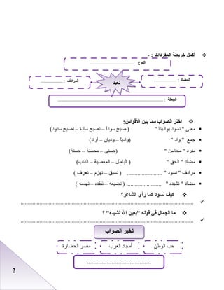 22
‫أكمل‬‫خريطة‬‫المفردات‬:-
‫اختر‬‫الصواب‬‫مما‬‫بين‬:‫القواس‬
‫معنى‬‫نسود‬ ‫بوادينا‬‫)نصبح‬‫ا‬ً ‫سود‬–‫نصبح‬‫سادة‬–‫نصبح‬(‫سدود‬
‫جمع‬‫واد‬ ‫ا‬ً ‫)وادي‬–‫وديان‬–(‫أواد‬
‫مفرد‬‫محاسن‬ ‫)حسنى‬–‫محسنة‬–(‫حسنة‬
‫مضاد‬‫الحق‬ ‫الباطل‬ )–‫المعصية‬–(‫الذنب‬
‫مرادف‬‫نسود‬ ‫نسبق‬ ) ........................ –‫نهزم‬–‫نعرف‬(
‫مضاد‬‫نشيده‬ ‫نضيعه‬ ) ........................ –‫نفقده‬–‫نهدمه‬(
‫كيف‬‫نسود‬‫كما‬‫رأى‬‫الشاعر؟‬
......................................................................................................................
‫ما‬‫الجمال‬‫في‬‫قوله‬‫بعين‬‫ال‬‫؟‬ ‫نشيده‬
......................................................................................................................
‫النوع‬......................................... :
‫الجملة‬................................................................................................ :
‫المضاد‬..................... :‫المرادف‬.................... :
‫نعيد‬‫نعيد‬
‫الصواب‬ ‫تخير‬‫الصواب‬ ‫تخير‬
‫الوطن‬ ‫حب‬‫العرب‬ ‫أمجاد‬
.......................................
‫الحضارة‬ ‫مصر‬
 