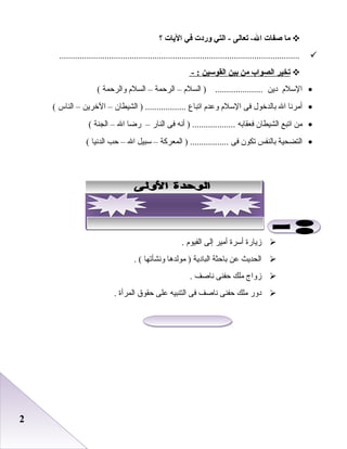 22
‫ما‬‫صفات‬‫تعالى‬ -‫ال‬‫التي‬ -‫لوردت‬‫في‬‫اليات‬‫؟‬
..........................................................................................................
‫تخير‬‫الصواب‬‫من‬‫بين‬‫القوسين‬- :
•‫السل م‬‫دين‬‫السل م‬ ) .....................–‫الرحمة‬–‫السل م‬‫والرحمة‬(
•‫أمرنا‬‫ال‬‫بالدخول‬‫فى‬‫السل م‬‫وعد م‬‫اتباع‬‫الشيطان‬ ) ..................–‫الخرين‬–‫الناس‬(
•‫من‬‫اتبع‬‫الشيطان‬‫فعقابه‬‫أنه‬ ) ...................‫فى‬‫النار‬–‫رضا‬‫ال‬–‫الجنة‬(
•‫التضحية‬‫بالنفس‬‫تكون‬‫فى‬‫المعركة‬ ) .................–‫سبيل‬‫ال‬–‫حب‬‫الدنيا‬(
‫زيارة‬‫أسرة‬‫أمير‬‫إلى‬‫الفيو م‬.
‫الحديث‬‫عن‬‫باحثة‬‫البادية‬‫مولدها‬ )‫ونشأتها‬. (
‫زواج‬‫ملك‬‫حفنى‬‫ناصف‬.
‫دور‬‫ملك‬‫حفنى‬‫ناصف‬‫فى‬‫التنبيه‬‫على‬‫حقوق‬‫المرأة‬.
 