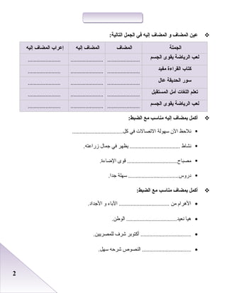 22
‫عين‬‫المضاف‬‫و‬‫المضاف‬‫إليه‬‫في‬‫الجمل‬:‫التالية‬
‫الجملة‬‫المضاف‬‫المضاف‬‫إليه‬‫إعراب‬‫المضاف‬‫إليه‬
‫لعب‬‫الرياضة‬‫يقوى‬‫الجسم‬..................................................................
‫كتاب‬‫القراءة‬‫مفيد‬..................................................................
‫سور‬‫الحديقة‬‫عال‬..................................................................
‫تعلم‬‫اللغات‬‫أمل‬‫المستقبل‬..................................................................
‫لعب‬‫الرياضة‬‫يقوى‬‫الجسم‬..................................................................
‫أكمل‬‫بمضاف‬‫إليه‬‫مناسب‬‫مع‬:‫الضبط‬
‫نلظحظ‬‫ال ن‬‫سهولة‬‫الصتصال ت‬‫في‬..................................‫كل‬
‫نشاط‬‫يظهر‬ ..................................‫في‬‫جمال‬.‫زراعته‬
‫قوى‬ ..................................‫مصباح‬.‫الاضاءة‬
‫سهلة‬ ..................................‫دروس‬.‫جدا‬
‫أكمل‬‫بمضاف‬‫مناسب‬‫مع‬:‫الضبط‬
•‫الرهرام‬‫من‬‫الاباء‬ ..................................‫و‬.‫الجداد‬
•‫رهيا‬.‫الوطن‬ ..................................‫نعيد‬
•‫أكتوابر‬ ..................................‫شرف‬.‫للمصريين‬
•‫النصوص‬ .................................‫شرظحه‬.‫سهل‬
 