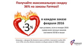 в каждом заказе
февраля 2016
+
3% при условии, если в январе 2016
сумма всех личных заказов
составила 50 ББ и выше
Например: в феврале Вы делаете заказ на 60 ББ и получаете скидку 36%
(а не 33%), если Вы сделали заказ(ы) на общую сумму от 50ББ в январе.
Получайте максимальную скидку
36% на заказы Farmasi!
 