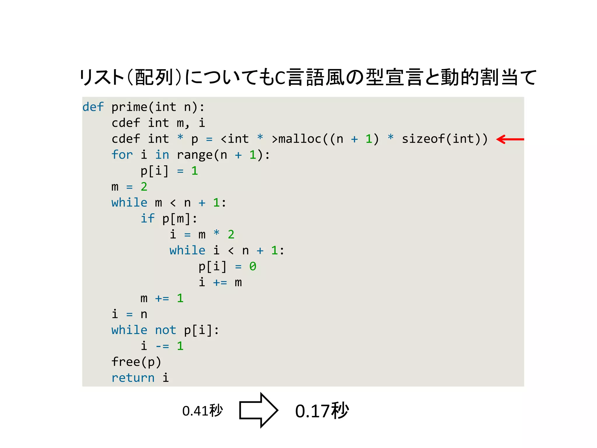 def prime(int n):
cdef int m, i
cdef int * p = <int * >malloc((n + 1) * sizeof(int))
for i in range(n + 1):
p[i] = 1
m = 2
while m < n + 1:
if p[m]:
i = m * 2
while i < n + 1:
p[i] = 0
i += m
m += 1
i = n
while not p[i]:
i -= 1
free(p)
return i
0.41秒 0.17秒
リスト（配列）についてもC言語風の型宣言と動的割当て
 