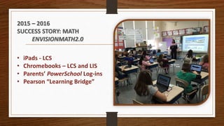 • iPads - LCS
• Chromebooks – LCS and LIS
• Parents’ PowerSchool Log-ins
• Pearson “Learning Bridge”
2015 – 2016
SUCCESS STORY: MATH
ENVISIONMATH2.0
 