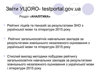 Звіти УЦОЯО- testportal.gov.ua
Розділ «АНАЛІТИКА»
 Рейтинг ліцеїв та гімназій за результатами ЗНО з
української мови та літератури 2015 року
 Рейтинг загальноосвітніх навчальних закладів за
результатами зовнішнього незалежного оцінювання з
української мови та літератури 2015 року
 Cтислий виклад методики побудови рейтингу
загальноосвітніх навчальних закладів за результатами
зовнішнього незалежного оцінювання з української мови
і літератури 2015 року
 