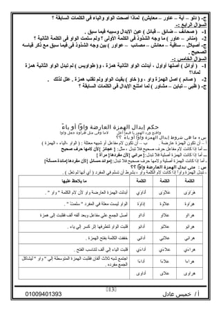 ‫دلو‬ ) -‫ج‬–‫آية‬–‫عاور‬–‫لماذا‬ (‫معايش‬‫أصحت‬‫الواو‬‫والياء‬‫فى‬‫الكلمات‬‫السابقة‬‫؟‬
-: ‫الرابع‬ ‫السؤال‬
1-‫صحائف‬ )–‫ضائق‬–‫قبائل‬‫عين‬ (‫البدال‬‫وسببه‬‫فيما‬‫سبق‬.
2-‫)منائر‬–‫عاور‬‫ما‬ (‫وجه‬‫الشذوذ‬‫فى‬‫الكلمة‬‫الولى‬‫؟‬‫ولم‬‫سلمت‬‫الواو‬‫فى‬‫الكلمة‬‫الثانية‬‫؟‬
‫أصيلل‬ -‫ج‬–‫ساقية‬–‫معائش‬–‫مصائب‬–‫عواور‬‫بين‬ (‫وجه‬‫الشذوذ‬‫فى‬‫فيما‬‫سبق‬‫مع‬‫ذكر‬‫قياسه‬
‫الصحيح‬.
-: ‫الخامس‬ ‫السؤال‬
1-‫أوائل‬ )‫أصلها‬ (‫أواول‬،‫أبدلت‬‫الواو‬‫الثانية‬‫همزة‬،‫طواويس‬ )‫و‬‫لم‬ (‫تبدل‬‫الواو‬‫الثانية‬‫همزة‬
‫لمادا؟‬
2-‫صائم‬ )‫اصل‬ (‫الهمزة‬‫واو‬،‫خاو‬ )‫و‬‫بقيت‬ (‫الواو‬‫ولم‬‫تقلب‬‫همزة‬‫علل‬ .‫لذلك‬.
‫ظبى‬ ) -‫ج‬–‫تباين‬–‫مشاور‬‫لما‬ (‫امتنع‬‫البدال‬‫فى‬‫الكلمات‬‫السابقة‬‫؟‬
‫حكم‬‫إبدال‬‫الهمزة‬‫العارضة‬‫واوا‬‫أو‬‫ء‬ً ‫يا‬
‫وافتح‬‫ورد‬‫ز‬‫الهم‬‫يا‬‫فيما‬‫أعل‬‫لما‬‫وفي‬‫مثل‬‫هراوة‬‫جعل‬‫واوا‬
‫س‬:‫ما‬‫هي‬‫شروط‬‫إبدال‬‫الهمزة‬‫واوا‬‫أو‬‫ء‬ً ‫يا‬‫؟؟‬
‫أ‬–‫أن‬‫تكون‬‫الهمزة‬‫عارضة‬‫ب‬ .–‫أن‬‫تكون‬‫ل م‬‫مفاعل‬‫أو‬‫شبهه‬‫معتلة‬‫الواو‬ ) :‫،الياء‬،‫الهمزة‬(
‫ـــ‬‫أما‬‫إذا‬‫كانت‬‫ل م‬‫مفاعل‬‫حرف‬‫صحيح‬‫فل‬‫تبدل‬،:‫مثل‬‫عجائز‬ }‫{ل ن‬‫لمها‬‫حرف‬‫صحيح‬
‫ـــ‬‫أما‬‫إذا‬‫كانت‬‫الهمزة‬‫أصلية‬‫فل‬:‫تبدل‬‫مرائي‬ }‫{ل ن‬‫مرآة‬ }‫مفردها‬{
‫ـ‬‫أما‬‫إذا‬‫كانت‬‫الهمزة‬‫أصلية‬‫ولمها‬‫حرف‬‫صحيح‬‫فل‬:‫تبدل‬‫}موائد،مسائل‬‫{ل ن‬{‫مفردها}مائدة،مسألة‬
‫س‬:‫متى‬‫تبدل‬‫الهمزة‬‫العارضة‬‫واوا‬‫؟؟‬
‫تبدل‬ -‫الهمزة‬‫ا‬ً ‫واو‬‫إذا‬‫كانت‬‫ل م‬‫الكلمة‬‫واو‬،‫بشرط‬‫أن‬‫تسلم‬‫في‬‫المفرد‬‫أي‬ )‫أنها‬‫لم‬‫تعل‬. (
‫الكلمة‬‫الكلمة‬‫الكلمة‬‫ما‬‫يلحظ‬‫عليها‬
‫وى‬َ‫ى‬ ‫را‬َ‫ى‬ ‫ه‬َ‫ى‬‫وى‬َ‫ى‬ ‫ل‬َ‫ى‬ ‫ع‬َ‫ى‬‫وي‬َ‫ى‬ ‫دا‬َ‫ى‬‫أ‬َ‫ى‬‫أبدلت‬‫الهمزة‬‫العارضة‬‫واو‬‫لن‬‫ل م‬‫الكلمة‬‫واو‬ . 
‫راوة‬َ‫ى‬ ‫ه‬ِ‫لوة‬َ‫ى‬ ‫ع‬ِ‫وة‬َ‫ى‬ ‫دا‬َ‫ى‬‫إ‬ِ‫الواو‬‫ليست‬‫معلة‬‫في‬‫المفرد‬‫ت‬ْ  ‫سلم‬ . 
‫هرااو‬‫علاو‬‫أدااو‬‫أصل‬‫الجمع‬‫علي‬‫مفاعل‬‫وبعد‬‫ألفه‬‫ألف‬‫فقلبت‬‫إلى‬‫همزة‬
‫ئو‬ِ‫هرا‬‫ئو‬ِ‫عل‬‫ئو‬ِ‫أدا‬‫قلبت‬‫الواو‬‫لتطرفها‬‫إثر‬‫كسر‬‫إلي‬‫ياء‬.
‫ئي‬ِ‫هرا‬‫ئي‬ِ‫عل‬‫ئي‬ِ‫أدا‬‫خففت‬‫الكلمة‬‫بفتح‬‫الهمزة‬.
‫ءي‬َ‫ى‬ ‫هرا‬‫ءي‬َ‫ى‬ ‫عل‬‫ءي‬َ‫ى‬ ‫أدا‬‫قلبت‬‫الياء‬‫إلي‬‫ألف‬‫لتناسب‬‫الفتح‬.
‫هراءا‬‫ءا‬َ‫ى‬ ‫عل‬‫ءا‬َ‫ى‬ ‫أدا‬
‫اجتمع‬‫شبه‬‫ثل ث‬‫ألفان‬‫فقلبت‬‫الهمزة‬‫المتوسطة‬‫إلي‬‫واو‬ ‫ليشاكل‬ 
‫الجمع‬‫مفرده‬.
‫هراوى‬‫على‬‫أداوى‬
‫أ‬‫خميس‬ /‫عادل‬01009401393
13
 
