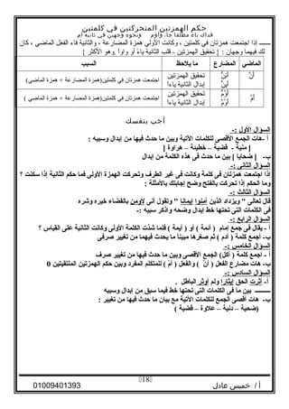 ‫حكم‬‫الهمزتين‬‫المتحركتين‬‫في‬‫كلمتين‬
‫فداك‬‫ياء‬‫مطلقا‬،‫جا‬‫وأؤم‬‫ونحوه‬‫وجهين‬‫في‬‫ثانيه‬‫أم‬
‫ـــــــ‬‫إذا‬‫اجتمعت‬‫همزتان‬‫في‬‫كلمتين‬،‫وكانت‬‫الولي‬‫همزة‬‫المضارعة‬،‫والثانية‬‫فاء‬‫الفعل‬‫الماضي‬،‫كان‬
‫لك‬‫فيهما‬‫وجهان‬‫تحقيق‬ } :‫الهمزتين‬‫قلب‬ -‫الثانية‬‫ء‬ً  ‫يا‬‫أو‬‫ا‬ً ‫واو‬‫.وهو‬‫الكثر‬{
‫الماضي‬‫المضارع‬‫ما‬‫يلحظ‬‫السبب‬
‫ن‬َّ ‫أ‬َ‫ى‬‫ن‬ُّ ‫ئ‬ِ‫أ‬َ‫ى‬
‫ن‬ُّ ‫ي‬ِ‫أ‬َ‫ى‬
‫تحقيق‬‫الهمزتين‬
‫إبدال‬‫الثانية‬‫ا‬ً ‫ياء‬
‫اجتمعت‬‫همزتان‬‫في‬‫كلمتين)همزة‬‫المضارعة‬‫همزة‬ +(‫الماضي‬
‫ م‬َّ‫أ‬َ‫ى‬
‫ م‬ُّ‫ؤ‬ُ ‫أ‬َ‫ى‬
‫ م‬َّ‫و‬ُ ‫أ‬َ‫ى‬
‫تحقيق‬‫الهمزتين‬
‫إبدال‬‫الثانية‬‫ا‬ً ‫ياء‬
‫اجتمعت‬‫همزتان‬‫في‬‫كلمتين)همزة‬‫المضارعة‬‫همزة‬ +‫الماضي‬(
‫أجب‬‫بنفسك‬
‫السؤال‬‫الول‬-:
‫أ‬‫-هات‬‫الجمع‬‫القصى‬‫للكلمات‬‫التية‬‫وبين‬‫ما‬‫حدث‬‫فيها‬‫من‬‫إبدال‬‫وسببه‬:
‫منية‬ ]‫قضية‬ -–‫خطيئة‬–‫هراوة‬[
‫ضحايا‬ ] -‫ب‬‫بين‬ [‫ما‬‫حدث‬‫فى‬‫هذه‬‫الكلمة‬‫من‬‫إبدال‬
‫السؤال‬‫الثانى‬-:
‫إذا‬‫اجتمعت‬‫همزتا ن‬‫فى‬‫كلمة‬‫وكانت‬‫فى‬‫غير‬‫الطرف‬‫وتحركت‬‫الهمزة‬‫الولى‬‫فما‬‫حكم‬‫الثانية‬‫إذا‬‫سكنت‬‫؟‬
‫وما‬‫الحكم‬‫إذا‬‫تحركت‬‫بالفتح‬‫وضح‬‫إجابتك‬‫بالمثلة‬:
‫السؤال‬‫الثالث‬-:
‫قال‬‫تعالى‬‫ويزداد‬ ‫الذين‬‫آمنوا‬‫إيمانا‬‫وتقول‬ ‫أنى‬‫لومن‬‫بالقضاء‬‫خيره‬‫وشره‬
‫فى‬‫الكلمات‬‫التى‬‫تحتها‬‫خط‬‫إبدال‬‫وضحه‬‫واذكر‬‫سببه‬-:
‫السؤال‬‫الرابع‬-:
‫أ‬‫يقال‬ -‫فى‬‫جمع‬‫إما م‬‫أئمة‬ )‫أو‬ (‫أيمة‬ )‫فلما‬ (‫شذت‬‫الكلمة‬‫الولى‬‫وكانت‬‫الثانية‬‫على‬‫القياس‬‫؟‬
‫أجمع‬ -‫ب‬‫كلمة‬‫آد م‬ )‫ثم‬ (‫صغرها‬‫ا‬ً ‫مبين‬‫ما‬‫يحدث‬‫فيهما‬‫من‬‫تغيير‬‫صرفى‬
‫السؤال‬‫الخامس‬-:
‫أ‬‫اجمع‬ -‫كلمة‬‫الجمع‬ (‫آكل‬ )‫القصى‬‫وبين‬‫ما‬‫حدث‬‫فيها‬‫من‬‫تغيير‬‫صرف‬
‫هات‬ -‫ب‬‫مضارع‬‫الفعل‬‫ ن‬ّ  ‫أ‬ )‫والفعل‬ (‫ م‬ّ ‫أ‬ )‫للمتكلم‬ (‫المفرد‬‫وبين‬‫حكم‬‫الهمزتين‬‫الملتقيتين‬0
‫السؤال‬‫السادس‬-:
-‫أ‬‫آثرت‬‫الحق‬‫إيثارا‬‫ولم‬‫أوثر‬‫الباطل‬.
‫ــــــــــ‬‫بين‬‫ما‬‫فى‬‫الكلمات‬‫التى‬‫تحتها‬‫خط‬‫فيما‬‫سبق‬‫من‬‫إبدال‬‫وسببه‬
‫هات‬ -‫ب‬‫أقصى‬‫الجمع‬‫للكلمات‬‫التية‬‫مع‬‫بيا ن‬‫ما‬‫حدث‬‫فيها‬‫من‬‫تغيير‬:
‫)ضحية‬–‫دنية‬–‫علوة‬–‫قضية‬(
‫أ‬‫خميس‬ /‫عادل‬01009401393
18
 