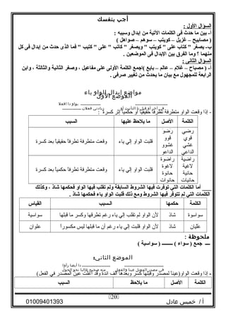 ‫أجب‬‫بنفسك‬
‫السؤال‬‫الول‬:
‫بين‬ -‫أ‬‫ما‬‫حدث‬‫فى‬‫الكلمات‬‫التية‬‫من‬‫إبدال‬‫وسببه‬:
‫مصابيح‬ )–‫غزيل‬–‫كويتب‬–‫سوهم‬–‫صواهل‬(
‫يصغر‬ -‫ب‬‫كتاب‬ ‫على‬‫كويتب‬ ‫ويصغر‬ ‫كاتب‬ ‫على‬ ‫كتيب‬ ‫فما‬ ‫الذى‬‫حدث‬‫من‬‫إبدال‬‫فى‬‫كل‬
‫منهما‬‫؟‬‫وما‬‫الفرق‬‫بين‬‫البدال‬‫فى‬‫الموضعين‬.
‫السؤال‬‫الثانى‬:
‫مصباح‬ ) -‫أ‬–‫غل م‬–‫عالم‬–‫بايع‬‫(اجمع‬‫الكلمة‬‫الولى‬‫على‬‫مفاعيل‬،‫وصغر‬‫الثانية‬‫والثالثة‬،‫وابن‬
‫الرابعة‬‫للمجهول‬‫مع‬‫بيا ن‬‫ما‬‫يحدث‬‫من‬‫تغيير‬‫صرفى‬.
‫مواضع‬‫إبدال‬‫الواو‬‫ياء‬
‫الموضع‬‫الول‬
............... ........................‫بواو‬‫دا‬‫افعل‬
‫في‬‫آخر‬‫أو‬‫قبل‬‫تا‬‫ث‬‫التأني‬‫أو‬‫زيادتي‬‫فعلن‬..............
‫إذا‬ -‫وقعت‬‫الواو‬‫متطرفة‬‫تطرفا‬‫ا‬ً ‫حقيقي‬‫أو‬‫ا‬ً ‫حكمي‬‫إثر‬‫كسرة‬:
‫الكلمة‬‫الصل‬‫ما‬‫يلحظ‬‫عليها‬‫السبب‬
‫ضي‬ِ ‫ر‬
‫قوي‬
‫غشي‬
‫عي‬ِ ‫الدا‬
‫و‬َ‫ى‬ ‫ض‬ِ ‫ر‬َ‫ى‬
‫قوو‬
‫غشوو‬
‫الداعو‬
‫قلبت‬‫الواو‬‫إلي‬‫ياء‬‫وقعت‬‫متطرفة‬‫ا‬ً ‫تطرف‬‫ا‬ً ‫حقيقي‬‫بعد‬‫كسرة‬
‫ية‬ِ‫راض‬
‫ية‬ِ‫لغ‬
‫حانية‬
‫حانيات‬
‫راضوة‬
‫لغوة‬
‫حانوة‬
‫حانوات‬
‫قلبت‬‫الواو‬‫إلي‬‫ياء‬‫وقعت‬‫متطرفة‬‫ا‬ً ‫تطرف‬‫ا‬ً ‫حكمي‬‫بعد‬‫كسرة‬
‫أما‬ ___‫الكلمات‬‫التي‬‫توفرت‬‫فيها‬‫الشروط‬‫السابقة‬‫ولم‬‫تقلب‬‫فيها‬‫الواو‬‫فحكمها‬‫شاذ‬،‫وكذلك‬
‫الكلمات‬‫التي‬‫لم‬‫تتوفر‬‫فيها‬‫الشروط‬‫ومع‬‫ذلك‬‫قلبت‬‫الواو‬‫ياء‬‫فحكمها‬‫شاذ‬.
‫الكلمة‬‫حكمها‬‫الـسبب‬‫القياس‬
‫سوة‬ِ ‫سوا‬‫شاذ‬‫لن‬‫الواو‬‫لم‬‫تقلب‬‫إلي‬‫ياء‬‫رغم‬‫تطرقها‬‫وكسر‬‫ما‬‫قبلها‬‫سواسية‬
‫ليان‬ْ ‫ع‬َ‫ى‬‫شاذ‬‫لن‬‫الواو‬‫قلبت‬‫إلي‬‫ياء‬‫رغم‬‫أن‬‫ما‬‫قبلها‬‫ليس‬‫ا‬ً ‫مكسور‬‫علوان‬
‫ملحوظة‬:
‫ــــ‬‫جمع‬‫سواء‬ )‫ـــــــــ‬ (‫سواسية‬ )(
‫الموضع‬:‫الثاني‬
..................... .............................‫دا‬‫أيضا‬‫رأوا‬
‫في‬‫مصدر‬‫المعتل‬‫عينا‬‫والفعل‬‫منه‬‫صحيح‬‫غالبا‬‫نحو‬‫الحول‬
-‫إذا‬‫وقعت‬‫ا‬ً ‫الواو)عين‬‫لمصدر‬‫وقبلها‬‫كسر‬‫وبعدها‬‫ألف‬‫ائدة‬‫وقد‬‫أعلت‬‫عين‬‫المصدر‬‫في‬(‫الفعل‬
‫الكلمة‬‫الصل‬‫ما‬‫يلحظ‬‫السبب‬
‫أ‬‫خميس‬ /‫عادل‬01009401393
20
 