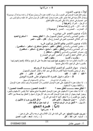 4-‫حركاتها‬
‫ل‬ً ‫أو‬:‫وجوب‬‫الفتح‬:
‫يجب‬ -‫فتح‬‫همزة‬‫الوصل‬‫في‬‫المبدوء‬‫بأل‬‫سواء‬‫أكانت‬‫همزة‬‫أل‬‫وصل‬‫رفة‬ِّ ‫مع‬‫أو‬‫زائدة‬‫سماعأ‬‫أو‬‫موصولة‬
‫وبإبدال‬‫الل م‬‫ميما‬‫في‬‫لغة‬‫حمير‬‫تكون‬‫همزة‬‫وصل‬‫أيضا‬‫كقول‬‫الرسول‬‫صلى‬‫ال‬‫عليه‬‫ليس‬ )‫وسلم‬‫من‬
‫امبر‬‫امصيا م‬‫في‬‫ما‬ّ‫ا‬ ‫أ‬ (‫امسفر‬‫باقي‬‫الحرو ف‬‫فكلها‬‫قطع‬.
1‫الرجل‬ -–.‫المرأة‬‫تعريفية‬ }{
2‫ال‬ -–‫الن‬–‫الذي‬‫زائدة‬ }‫سماعأ‬{
3‫الضارب‬ -–‫المضروب‬–‫الحسن‬.‫موصولة‬ }{
‫ثانيا‬:‫وجوب‬‫الضم‬‫في‬‫نوعين‬:
‫أ‬–‫ماضي‬‫الخماسي‬‫والسداسي‬‫المبنيان‬‫للمجهول‬:‫مثل‬‫انطلق‬ُ‫ن‬ *‫بمحمد‬‫استخر ج‬ُ‫ن‬ *‫الحديد‬
‫ب‬‫أمر‬ -‫الثليثي‬‫المضمو م‬‫العين‬‫في‬‫المضارع‬‫مثل‬:‫اقتل‬–‫اكتب‬–‫انصر‬
‫ثالثا‬:‫وجوب‬‫الكسر‬‫وهو‬‫الصل‬‫ويكون‬:‫في‬
‫أ‬‫ماضي‬ -‫الخماسي‬‫والسداسي‬‫}انطلق‬‫انفجر‬ -‫استمع‬ -‫ر ج‬َ‫ج‬ ‫-استخ‬‫ر‬َ‫ج‬ ‫استكب‬ -–. {‫استقصى‬
‫ب‬‫أمر‬ -‫الخماسي‬‫والسداسي‬‫لق‬ِ‫ق‬‫}انط‬‫جر‬ِ‫ق‬ ‫انف‬ -‫مع‬ِ‫ق‬ ‫است‬ -‫استخر ج‬ -‫استكبر‬ -–.{‫استقص‬
‫ ج‬–‫مصادر‬‫الخماسي‬‫والسداسي‬‫انطلق‬ }–‫استغفار‬{
‫أمر‬ -‫د‬‫الثليثي‬‫المفتوح‬‫العين‬‫أو‬‫المكسور‬‫العين‬‫في‬‫المضارع‬
‫رب‬ِ‫ق‬ ‫يض‬ -‫ــ‬‫رب‬ِ‫ق‬ ‫اض‬‫هم‬َ‫ج‬ ‫يف‬ -‫ــ‬‫افهم‬
‫هـ‬‫السماء‬ -‫العشرة‬‫ما‬‫عدا‬‫ايمن‬ }‫و‬{‫ايم‬‫فهمزتهما‬‫مفتوحة‬‫على‬‫الراجح‬‫،وكذلك‬‫}اسم‬{‫فهمزتهما‬
‫مكسورة‬‫على‬‫الراجح‬‫،لنه‬‫حكي‬‫ضمها‬
‫رابعا‬:‫جواز‬‫الكسر‬‫أو‬‫الضم‬‫أوالشمام‬)‫الروم‬:(
‫وهو‬‫أن‬‫ينحى‬‫بالضمة‬‫ناحية‬‫الكسرة‬‫وذلك‬‫في‬‫نحو‬‫انقاد‬‫واختار‬‫المبنيان‬‫للمجهول‬
*‫انقيد‬‫انقود‬ /‫انقيد‬ /‫اختير‬ *‫اختور‬ /‫اختير‬ /
5-‫حكم‬‫دخول‬‫همزة‬‫الستفهام‬‫على‬‫همزة‬‫الوصل‬
......‫وهمز‬‫أل‬‫كدا‬‫ويبدل‬‫مدا‬‫في‬‫الستفهام‬‫أو‬‫يسهل‬
1‫إذا‬ -‫دخلت‬‫همزة‬‫الستفها م‬‫على‬‫همزة‬‫الوصل‬‫المكسورة‬‫أو‬‫المضمومة‬‫وجب‬‫حذ ف‬‫همزة‬‫الوصل‬
‫والكتفاء‬‫بهمزة‬‫الستفها م‬.
‫انطلق‬ *‫محمد‬‫ــــــــــــــ‬‫أنطلق‬‫محمد‬‫؟‬‫اقتحمت‬ *‫الحصون‬‫ــــــــــــــ‬‫أقتحمت‬‫الحصون‬‫؟‬
2‫ما‬ّ‫ا‬ ‫أ‬ -‫إذا‬‫دخلت‬‫همزة‬‫الستفها م‬‫على‬‫همزة‬‫الوصل‬‫المفتوحة‬‫امتنع‬‫حذفها‬‫لئل‬‫يلتبس‬‫الستفها م‬،‫بالخبر‬
‫ويجوز‬‫فيها‬‫وجهان‬‫أن‬‫تبدل‬‫همزة‬‫الوصل‬‫ألف‬‫مد‬‫وهو‬‫الرجح‬‫أو‬‫تسهل‬‫النطق‬ )‫بها‬‫بصفة‬‫بين‬‫اللف‬
‫والهمز‬‫مع‬، (‫القصر‬‫ول‬‫تحقق‬‫لنها‬‫ل‬‫تثبت‬‫في‬‫الدرج‬.
:‫البدال‬ -‫آيمن‬ *‫ال‬‫يمينك‬–‫آلمير‬‫قائم‬‫قل‬ )*‫آلذكرين‬‫حر م‬‫أ م‬‫النثيين‬.(
‫التسهيل‬ -* :‫ألحق‬َ‫ج‬‫أ‬َ‫ج‬‫إن‬‫دار‬‫الرباب‬‫تباعدت‬‫أو‬‫انبت‬‫حبل‬‫إن‬‫قلبك‬.‫طائر‬
‫ثانيا‬:‫همزة‬‫القطع‬
1-‫تعريفها‬
‫تعريف‬ -‫همزة‬‫القطع‬:‫هي‬‫التي‬‫تثبت‬‫في‬‫أول‬‫الكل م‬‫وفي‬‫درجه‬‫وتأتي‬‫على‬‫نوعين‬:
1:‫أصليه‬ -‫أخذ‬ -‫أمر‬–‫أكل‬2‫زائدة‬ -:‫أسعد‬–‫أكر م‬‫أحسن‬ -
‫أ‬‫خميس‬ /‫عادل‬01009401393
3
 