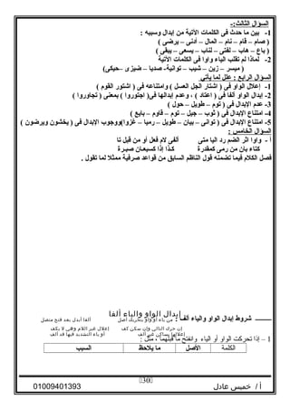 -:‫الثالث‬ ‫السؤال‬
1-‫دبين‬‫ما‬‫ظحدث‬‫فى‬‫الكلمات‬‫التية‬‫من‬‫إدبدال‬‫وسببه‬:
‫لصا م‬ )–‫قا م‬–‫نا م‬–‫المال‬–‫أدنى‬–‫يرضى‬(
‫دباع‬ )–‫هاب‬–‫لفتى‬–‫لناب‬–‫يسعى‬–‫يبقى‬(
2-‫لماذا‬‫لم‬‫تقلب‬‫الياء‬‫واوا‬‫فى‬‫الكلمات‬‫التية‬
‫ميسر‬ )–‫زين‬–‫شيب‬–‫لصديا‬ -‫توانية‬–‫ضيزى‬–(‫ظحيكى‬
‫السؤال‬‫الرادبع‬‫لعلل‬ :‫لما‬‫يأتي‬
1-( ‫القو م‬ ‫اشتور‬ ) ‫فى‬ ‫وامتنالعه‬ ( ‫العسل‬ ‫الجل‬ ‫اشتار‬ ) ‫فى‬ ‫الواو‬ ‫إلعلل‬
2‫إدبدال‬ -‫الواو‬‫ألفا‬‫فى‬‫العتاد‬ )، (‫ولعد م‬‫إدبدالها‬‫اجتوروا‬ )‫فى‬‫دبمعنى‬ (‫تجاوروا‬ )(
3‫لعد م‬ -‫الدبدال‬‫فى‬‫تو م‬ )–‫طويل‬–‫ظحول‬(
4‫امتناع‬ -‫الدبدال‬‫فى‬‫ثوب‬ )–‫جيل‬–‫تو م‬–‫قاو م‬–‫دبايع‬(
5‫امتناع‬ -‫الدبدال‬‫فى‬‫توانى‬ )–‫دبيان‬–‫طويل‬–‫رميا‬–‫يغزوا(ووجوب‬‫الدبدال‬‫فى‬‫يخشون‬ )‫ويرضون‬(
‫السؤال‬‫الخامس‬:
‫أ‬‫واوا‬ -‫اثر‬‫الضم‬‫رد‬‫اليا‬‫متى‬‫ألفى‬‫ل م‬‫فعل‬‫أو‬‫من‬‫قبل‬‫تا‬
‫ثكتاء‬‫دبان‬‫من‬‫رمى‬‫ثكمقدرة‬‫ثكـذا‬‫إذا‬‫ثكسبعـان‬‫لصبـرة‬
‫فصل‬‫الكل م‬‫فيما‬‫تضمنه‬‫قول‬‫الناظم‬‫السادبق‬‫من‬‫قوالعد‬‫لصرفية‬‫ممثل‬‫لما‬‫تقول‬.
‫إبدال‬‫الواو‬‫والياء‬‫ألفا‬
‫ــــــــــ‬‫شروط‬‫إدبدال‬‫الواو‬‫والياء‬‫ألف‬:‫من‬‫ياء‬‫أو‬‫واو‬‫بتحريك‬‫أصل‬‫ألفا‬‫أبدل‬‫بعد‬‫فتح‬‫متصل‬
‫إن‬‫حرك‬‫التالي‬‫وإن‬‫سكن‬‫كف‬‫إعلل‬‫غير‬‫م‬‫الل‬‫وهي‬‫ل‬‫يكف‬
‫إعللها‬‫بساكن‬‫غير‬‫ألف‬‫أو‬‫ياء‬‫التشديد‬‫فيها‬‫قد‬‫ألف‬
1‫إذا‬ –‫تحرثكت‬‫الواو‬‫أو‬‫الياء‬‫وانفتح‬‫اما‬‫قبلهما‬،‫امثل‬:
‫الكلمة‬‫اللصل‬‫ما‬‫يلظحظ‬‫السبب‬
‫أ‬‫خميس‬ /‫عادل‬01009401393
30
 