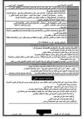 ‫الصف‬‫السادس‬
‫البتدائى‬
‫الفصل‬‫الدراسى‬
‫الدراسات‬
‫الجتماعية‬
31
‫إعداد‬/‫أ‬:‫هبة‬
‫سعيد‬
)6. ( ‫الخيرية‬ ‫القناطر‬ ‫مشروع‬ ‫المشروعات‬ ‫هذه‬ ‫أهم‬ ) ‫والترع‬ ‫النيل‬ ‫على‬ ‫الجسور‬ ‫تبإبنشاء‬ ‫اهتم‬ (
‫الصناعة‬
–‫أقام‬)‫محمد‬‫على‬(:
)1‫الصوف‬ ‫مصابنع‬ – ‫والنسيج‬ ‫الغزل‬ ‫مصابنع‬ ) ‫مثل‬ ‫مصر‬ ‫فى‬ ‫الخام‬ ‫المواد‬ ‫على‬ ‫تعتمد‬ ‫صناعات‬ (
. ( ‫القبلى‬ ‫تبالوجه‬ ‫السكر‬ ‫معامل‬ – ‫الحديد‬ ‫لسبك‬ ‫معمل‬ – ‫النحاس‬ ‫ألواح‬ ‫مصابنع‬ – ‫والحرير‬
)2. ‫وغيرها‬ ‫واللسلحة‬ ‫الملتبس‬ ‫من‬ ‫الجيش‬ ‫حاجات‬ ‫لسد‬ ‫تبهدف‬ ‫المصابنع‬ ‫من‬ ‫العديد‬ (
. ‫تبالجيش‬ ‫تبالنهوض‬ ‫الصناعية‬ ‫النهضة‬ ‫ارتبطت‬ –
‫الترجارة‬
‫ترتب‬‫على‬‫النهضة‬‫فى‬‫مجال‬‫النتاج‬‫الزراعى‬‫والصناعى‬:
)1) . ‫الداخلى‬ ‫تباللستقرار‬ ‫مصر‬ ‫تمتعت‬ (2‫الداخلية‬ ‫التجارة‬ ‫رواج‬ (
. ‫والخارجية‬
‫العمران‬
‫والعمارة‬
–‫اهـتـم‬‫مـحـمـد‬‫عـلـى‬‫بـالـعـمـران‬‫والـعـمـارة‬‫وظـهـر‬‫ذلـك‬
‫واضـحـا‬‫فـى‬:
)1. ‫وتطويرها‬ ‫والقرى‬ ‫المدن‬ ‫تنمية‬ (
)2‫تبالقلعة‬ ‫والدفترخابنة‬ ‫شبرا‬ ‫وقصر‬ ‫ومسجده‬ ‫تبالقلعة‬ ‫الجوهرة‬ ‫قصر‬ ‫مثل‬ ‫القصور‬ ‫من‬ ‫العديد‬ ‫إبنشاء‬ (
.
–‫الدفترخانة‬‫هى‬ :‫الن‬ ‫المحفوظات‬ ‫دار‬.
)3(‫التعليم‬‫و‬‫الثاقافة‬
‫اهتم‬)‫محمد‬‫على‬(‫بالتعليم‬‫اهتماما‬‫متميزا‬‫فـ‬:
)1. ‫فربنسا‬ ‫وخاصة‬ ‫الخارج‬ ‫إلى‬ ‫تبعثات‬ ‫أرلسل‬ (
)2. ‫العلوم‬ ‫مختلف‬ ‫فى‬ ‫والمؤلفات‬ ‫الكتب‬ ‫ترجمة‬ ‫على‬ ‫عمل‬ (
)3. ‫المصرية‬ ‫الوقائع‬ ‫صحيفة‬ ‫وأصدر‬ ‫تبولق‬ ‫فى‬ ‫الميرية‬ ‫المطبعة‬ ‫أبنشأ‬ (
)4‫والصيدلة‬ ‫البيطرى‬ ‫والطب‬ ‫البشرى‬ ‫الطب‬ ‫ومدارس‬ ، ‫المختلفة‬ ‫الحرتبية‬ ‫المدارس‬ ‫ومنها‬ ‫الحديثة‬ ‫المدارس‬ ‫أبنشأ‬ (
. ‫والمهندلسخابنة‬ ‫والزراعة‬
)5. ‫العليا‬ ‫تبالمدارس‬ ‫لللتحاق‬ ‫التلميذ‬ ‫لعداد‬ ‫الثابنوية‬ ‫المرحلة‬ ‫تقاتبل‬ ‫التى‬ ‫والتجهيزية‬ ‫التبتدائية‬ ‫المدارس‬ ‫أبنشأ‬ (
)4(‫اليش‬‫و‬‫البحرةية‬
)1: ‫جيش‬ ‫تببناء‬ ‫يرتبط‬ ‫والخارجية‬ ‫الداخلية‬ ‫مشروعاته‬ ‫بنجاح‬ ‫أن‬ ‫على‬ ‫محمد‬ ‫أدرك‬ (
. ( ‫الحديثة‬ ‫تباللسلحة‬ ‫مزود‬ – ‫الوروتبية‬ ‫اللساليب‬ ‫أحد ث‬ ‫على‬ ‫مدرب‬ – ‫منظم‬ – ‫قوى‬ )
)2. ‫تباللسكندرية‬ ‫السفن‬ ‫لصناعة‬ ‫ترلسابنة‬ ‫فأبنشأ‬ ‫الحرتبى‬ ‫اللسطول‬ ‫تبإحياء‬ ‫اهتم‬ (
)3) . ‫والفرلسان‬ ‫والمدفعية‬ ‫المشاة‬ ‫مثل‬ ‫الحرتبية‬ ‫المدارس‬ ‫من‬ ‫العديد‬ ‫أبنشأ‬ (4. ‫ومخازبنها‬ ‫اللسلحة‬ ‫مصابنع‬ ‫أبنشأ‬ (
**********************************************************************
‫سياسة‬‫محمد‬‫على‬‫الخارجية‬
‫العرتبية‬ ‫الجزيرة‬ ‫فى‬ ‫خارجية‬ ‫حروب‬ ‫خوض‬ ‫طريق‬ ‫عن‬ ‫مصر‬ ‫الستقلل‬ ‫تدعيم‬ ‫فى‬ ‫الخارجية‬ ‫على‬ ‫محمد‬ ‫لسيالسة‬ ‫تمثلت‬ –
. ‫والمورة‬ ‫الشام‬ ‫وتبلد‬ ‫والسودان‬
: ‫إلى‬ ‫التولسعية‬ ‫الخارجية‬ ( ‫على‬ ‫محمد‬ ) ‫لسيالسة‬ ‫أدت‬ –
)1. ‫وفربنسا‬ ‫إبنجلترا‬ ‫وخاصة‬ ‫المنطقة‬ ‫فى‬ ‫اللستعمارية‬ ‫الدول‬ ‫أطماع‬ ‫مع‬ ‫الصدام‬ (
)2‫عام‬ ‫لندن‬ ‫معاهدة‬ ‫محمد‬ ‫على‬ ‫وفربنسا‬ ‫إبنجلترا‬ ‫فرضت‬ (1840: ‫فى‬ ‫وتمثلت‬ ‫على‬ ‫محمد‬ ‫وقبلها‬ ‫م‬
ς. ‫العثمابنى‬ ‫السلطان‬ ‫لسيطرة‬ ‫إلى‬ ‫العرتبية‬ ‫والجزيرة‬ ‫الشام‬ ‫تبلد‬ ‫إعادة‬
ς. ‫مصر‬ ‫حكم‬ ‫فى‬ ‫على‬ ‫محمد‬ ‫تثبيت‬
ς. ‫العالى‬ ‫للباب‬ ‫على‬ ‫محمد‬ ‫خضوع‬ ‫إعلن‬
)3. ‫مصر‬ ‫فى‬ ‫الصلحية‬ ‫على‬ ‫محمد‬ ‫مشروعات‬ ‫تقلص‬ (
**********************************************************************
 