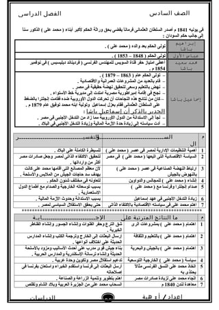 ‫الصف‬‫السادس‬
‫البتدائى‬
‫الفصل‬‫الدراسى‬
‫الدراسات‬
‫الجتماعية‬
32
‫إعداد‬/‫أ‬:‫هبة‬
‫سعيد‬
‫خلفاء‬‫محمد‬‫على‬
‫يوبنيه‬ ‫فى‬1841‫ا‬ً‫ا‬‫لسن‬ ‫الذكور‬ ( ‫على‬ ‫محمد‬ ) ‫أتبناء‬ ‫لكبر‬ ‫الحكم‬ ‫وراثة‬ ‫تبحق‬ ‫يقضى‬ ‫ا‬ً‫ا‬‫فرمابن‬ ‫العثمابنى‬ ‫السلطان‬ ‫أصدر‬ ‫م‬
: ‫السودان‬ ‫حكم‬ ‫جابنب‬ ‫إلى‬
‫إبراهيم‬
‫باشا‬. ( ‫على‬ ‫محمد‬ ) ‫والده‬ ‫تبعد‬ ‫الحكم‬ ‫تولى‬
‫عباس‬‫الول‬) ‫الحكم‬ ‫تولى‬1848–1853. (
‫ممد‬‫سعيد‬
‫باشا‬
‫بنوفمبر‬ ‫فى‬ ( ‫ديليسبس‬ ‫فردينابند‬ ) ‫الفربنسى‬ ‫للمهندس‬ ‫السويس‬ ‫قناة‬ ‫حفر‬ ‫امتياز‬ ‫أعطى‬
1854. ‫م‬
‫إمساعيل‬‫باشا‬
) ‫عام‬ ‫الحكم‬ ‫تولى‬ –1863–1879. (
. ‫والقتصادية‬ ‫العمرابنية‬ ‫المشروعات‬ ‫من‬ ‫تبالعديد‬ ‫قام‬ –
. ‫مصر‬ ‫فى‬ ‫حقيقية‬ ‫بنهضة‬ ‫لتحقيق‬ ‫ولسعى‬ ‫تبالتعليم‬ ‫بنهض‬ –
. ‫اللستواء‬ ‫خط‬ ‫مديرية‬ ‫إلى‬ ‫امتدت‬ ‫مصرية‬ ‫إمبراطورية‬ ‫إقامة‬ ‫فى‬ ‫بنجح‬ –
‫تبالضغط‬ ‫إبنجلترا‬ ‫فقامت‬ ‫ضده‬ ‫الوروتبية‬ ‫الدول‬ ‫تحركت‬ ‫أن‬ ‫النجاحات‬ ‫هذه‬ ‫بنتائج‬ ‫من‬ ‫كان‬ –
‫عام‬ ‫توفيق‬ ‫محمد‬ ‫اتبنه‬ ‫وتولية‬ ‫إلسماعيل‬ ‫تبعزل‬ ‫فقام‬ ‫العثمابنى‬ ‫السلطان‬ ‫على‬1879. ‫م‬
‫الجدير‬‫بالذكر‬‫أن‬‫إسماعيل‬‫باشا‬:
. ‫مصر‬ ‫فى‬ ‫الجنبى‬ ‫التدخل‬ ‫من‬ ‫زاد‬ ‫مما‬ ‫الوروتبية‬ ‫الدول‬ ‫من‬ ‫اللستدابنة‬ ‫إلى‬ ‫لجأ‬ –
. ‫البلد‬ ‫فى‬ ‫الجنبى‬ ‫التدخل‬ ‫وزيادة‬ ‫المالية‬ ‫الزمة‬ ‫حدة‬ ‫زيادة‬ ‫إلى‬ ‫لسيالسته‬ ‫أدت‬ –
‫م‬‫الســــــــــــــــــــــــــــــؤ‬
‫ال‬
‫التفسيــــــــــــــــــــــــــــــر‬
1( ‫على‬ ‫محمد‬ ) ‫عصر‬ ‫فى‬ ‫لمصر‬ ‫الدارية‬ ‫التنظيمات‬ ‫أهمية‬. ‫البلد‬ ‫على‬ ‫الكاملة‬ ‫للسيطرة‬
2‫مصر‬ ‫فى‬ ( ‫على‬ ‫محمد‬ ) ‫اتبعها‬ ‫التى‬ ‫القتصادية‬ ‫السيالسة‬‫مصر‬ ‫صادرات‬ ‫وجعل‬ ‫لمصر‬ ‫الذاتى‬ ‫الكتفاء‬ ‫لتحقيق‬
. ‫وارداتها‬ ‫من‬ ‫أكثر‬
3( ‫على‬ ‫محمد‬ ) ‫عصر‬ ‫فى‬ ‫الصناعية‬ ‫النهضة‬ ‫ارتباط‬
‫تبالجيش‬ ‫تبالنهوض‬
‫كابنت‬ ‫على‬ ‫محمد‬ ‫أقامها‬ ‫التى‬ ‫المصابنع‬ ‫معظم‬ ‫لن‬
. ‫واللسلحة‬ ‫الملتبس‬ ‫من‬ ‫الجيش‬ ‫حاجات‬ ‫لسد‬ ‫تبهدف‬
4‫والدواوين‬ ‫للمجالس‬ ( ‫على‬ ‫محمد‬ ) ‫إبنشاء‬. ‫الحكم‬ ‫شئون‬ ‫مختلف‬ ‫فى‬ ‫لتعاوبنه‬
5( ‫على‬ ‫محمد‬ ) ‫مع‬ ‫وفربنسا‬ ‫إبنجلترا‬ ‫صدام‬‫الدول‬ ‫أطماع‬ ‫مع‬ ‫والصدام‬ ‫الخارجية‬ ‫تولسعاته‬ ‫تبسبب‬
. ‫اللستعمارية‬
6‫إلسماعيل‬ ‫عهد‬ ‫فى‬ ‫الجنبى‬ ‫التدخل‬ ‫زيادة‬. ‫المالية‬ ‫الزمة‬ ‫وحدو ث‬ ‫اللستدابنة‬ ‫تبسبب‬
7‫الذاتى‬ ‫تبالكتفاء‬ ‫القتصادية‬ ‫لسيالسته‬ ‫فى‬ ‫على‬ ‫محمد‬ ‫اهتم‬. ‫لمصر‬ ‫السيالسى‬ ‫اللستقلل‬ ‫يحقق‬ ‫حتى‬
**********************************************************************
‫م‬‫ما‬‫النتائج‬‫المترتبة‬‫على‬‫الجـــــــــــــــــــــــــابـة‬
1‫الرى‬ ‫تبمشروعات‬ ( ‫على‬ ‫محمد‬ ) ‫اهتمام‬‫القناطر‬ ‫وإبنشاء‬ ‫الجسور‬ ‫وإبنشاء‬ ‫القنوات‬ ‫وحفر‬ ‫الترع‬ ‫شق‬
. ‫الخيرية‬
2‫والثقافة‬ ‫تبالتعليم‬ ( ‫على‬ ‫محمد‬ ) ‫اهتمام‬‫المدارس‬ ‫وإبنشاء‬ ‫الكتب‬ ‫وترجمة‬ ‫الخارج‬ ‫إلى‬ ‫البعثات‬ ‫إرلسال‬
. ‫أبنواعها‬ ‫اختلف‬ ‫على‬ ‫الحديثة‬
3‫والبحرية‬ ‫تبالجيش‬ ( ‫على‬ ‫محمد‬ ) ‫اهتمام‬‫تباللسلحة‬ ‫ومزود‬ ‫اللساليب‬ ‫أحد ث‬ ‫على‬ ‫مدرب‬ ‫قوى‬ ‫جيش‬ ‫تبناء‬
. ‫الحرتبية‬ ‫والمدارس‬ ‫اللسكندرية‬ ‫ترلسابنة‬ ‫وإبنشاء‬ ‫الحديثة‬
4‫التولسعية‬ ‫الخارجية‬ ( ‫على‬ ‫محمد‬ ) ‫لسيالسة‬. ‫عرتبية‬ ‫وحدة‬ ‫وتكوين‬ ‫مصر‬ ‫الستقلل‬ ‫تدعيم‬
5‫ل‬ً‫ا‬ ‫مثا‬ ‫الفربنسى‬ ‫النسق‬ ‫على‬ ‫محمد‬ ‫اتخاذ‬
‫تبه‬ ‫يحتذى‬
‫فى‬ ‫تبفربنسا‬ ‫والستعان‬ ‫الخبراء‬ ‫والستقدم‬ ‫فربنسا‬ ‫إلى‬ ‫البعثات‬ ‫أرلسل‬
‫إصلحاته‬
6‫مصر‬ ‫صادرات‬ ‫لزيادة‬ ‫على‬ ‫محمد‬ ‫اتجاه‬. ‫والصناعة‬ ‫الزراعة‬ ‫وتنمية‬ ‫تبتطوير‬ ‫اهتم‬
7‫لندن‬ ‫معاهدة‬1840‫م‬‫وتقلص‬ ‫الشام‬ ‫وتبلد‬ ‫العرتبية‬ ‫الجزيرة‬ ‫من‬ ‫على‬ ‫محمد‬ ‫ابنسحاب‬
 