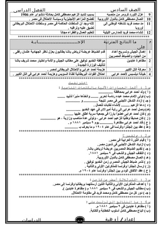 ‫الصف‬‫السادس‬
‫البتدائى‬
‫الفصل‬‫الدراسى‬
‫الدراسات‬
‫الجتماعية‬
38
‫إعداد‬/‫أ‬:‫هبة‬
‫سعيد‬
9‫منصبه‬ ‫من‬ ‫كرومر‬ ‫اللورد‬ ‫عزل‬‫عام‬ ‫دنشواى‬ ‫بحادثة‬ ‫كامل‬ ‫مصطفى‬ ‫الزعيم‬ ‫تنديد‬ ‫بسبب‬1906
10‫الوروبية‬ ‫بالدول‬ ‫كامل‬ ‫مصطفى‬ ‫اتصال‬. ‫مصر‬ ‫فى‬ ‫الحتلل‬ ‫وسياسة‬ ‫النجليزية‬ ‫المزاعم‬ ‫لفضح‬
11‫إلى‬ ‫الوطنى‬ ‫نشاطه‬ ‫فريد‬ ‫محمد‬ ‫مد‬
‫أوروبا‬
‫البريطانى‬ ‫الحتلل‬ ‫وسلطات‬ ‫مصر‬ ‫فى‬ ‫الحاكمة‬ ‫السلطات‬ ‫أن‬ ‫ونجد‬ ‫لنه‬
. ‫وتراقبه‬ ‫عليه‬ ‫تضيق‬
12‫الليلية‬ ‫للمدارس‬ ‫فريد‬ ‫محمد‬ ‫إنشاء‬‫ا‬ً .‫مجان‬ ‫والفقراء‬ ‫العمال‬ ‫لتعليم‬
*********************************************************************
‫م‬‫ما‬‫النتائج‬‫المترتبة‬
‫على‬
‫الجـــــــــــــــــــــــــابـة‬
1‫أعداد‬ ‫وتسريح‬ ‫الجيش‬ ‫إهمال‬
‫المصريين‬ ‫والضباط‬ ‫الجنود‬ ‫من‬
. ‫رفقى‬ ‫عثمان‬ ‫الجهادية‬ ‫ناظر‬ ‫بعزل‬ ‫يطالبون‬ ‫باشا‬ ‫لرياض‬ ‫عريضة‬ ‫الضباط‬ ‫قدم‬
2‫عابدين‬ ‫مظاهرة‬‫باشا‬ ‫شريف‬ ‫محمد‬ ‫واختيار‬ ‫والمة‬ ‫الجيش‬ ‫مطالب‬ ‫على‬ ‫توفيق‬ ‫الخديو‬ ‫موافقة‬
. ‫الجديدة‬ ‫الوزارة‬ ‫لتأليف‬
3‫الكبير‬ ‫التل‬ ‫معركة‬. ‫لمصر‬ ‫البريطانى‬ ‫والحتلل‬ ‫عرابى‬ ‫أحمد‬ ‫هزيمة‬
4‫عرابى‬ ‫لحمد‬ ‫ديلسبس‬ ‫خيانة‬. ‫الكبير‬ ‫التل‬ ‫فى‬ ‫عرابى‬ ‫أحمد‬ ‫وهزيمة‬ ‫السويس‬ ‫لقناة‬ ‫البريطانية‬ ‫القوات‬ ‫احتلل‬
*********************************************************************
‫اختب‬‫نفسك‬
‫س‬1‫أكمل‬ :‫العبارات‬‫التية‬‫بالنكلمات‬‫الاناسبة‬:
............... ‫بمحافظة‬ ‫عرابى‬ ‫أحمد‬ ‫ولد‬ ( ‫أ‬ )
........ ‫لتأييد‬ ‫را‬ً . ‫منب‬ ‫واتخذها‬ ........ ‫تحرير‬ ‫رئاسة‬ ‫عبده‬ ‫محمد‬ ‫المام‬ ‫تولى‬ (‫ب‬)   
............... ‫و‬ ............... ‫نتيجة‬ ‫مصر‬ ‫فى‬ ‫النجنبى‬ ‫التدخل‬ ‫ازداد‬ ( ‫نجـ‬ )
. ‫للعمال‬ ‫نقابات‬ ‫لنشاء‬ ......... ‫الزعيم‬ ‫دعا‬ ( ‫د‬ )
............... ‫الخديو‬ ‫عهد‬ ‫فى‬ ‫أميرالى‬ ‫رتبة‬ ‫إلى‬ ‫عرابى‬ ‫أحمد‬ ‫وصل‬ (‫)هـ‬
......... ‫عليها‬ ‫أطلق‬ ‫سرية‬ ‫نجمعية‬ ‫فى‬ ‫زا‬ً . ‫بار‬ ‫وا‬ً . ‫عض‬ ‫عرابى‬ ‫أحمد‬ ‫كان‬ (‫و‬)   
................ ‫هو‬ ، ‫وزارية‬ ‫مناصب‬ ‫عدة‬ ‫وتولى‬ ، ‫عرابى‬ ‫أحمد‬ ‫للزعيم‬ ‫يا‬ًّ‫وطن‬ ‫قا‬ً .‫صدي‬ ‫كان‬ ( ‫ز‬ )
‫يوم‬ .............. ‫مظاهرة‬ ‫عرابى‬ ‫أحمد‬ ‫قاد‬ ( ‫ح‬ )٩‫سبتمبر‬١٨٨١. ‫م‬
‫عام‬ ‫فى‬ ‫وفرنسا‬ ‫إنجلترا‬ ‫بين‬ ‫عقد‬ ( ‫ط‬ )١٩٠٤.............. ‫بـ‬ ‫يعر ف‬ ‫ما‬ ‫م‬
*********************************************************************
‫س‬2‫ب‬ :‫تفسر‬‫؟‬
.‫مصر‬ ‫فى‬ ‫العرابية‬ ‫الثورة‬ ‫قيام‬ ( ‫أ‬ )
.‫مصر‬ ‫شئون‬ ‫فى‬ ‫النجنبى‬ ‫التدخل‬ ‫ازدياد‬ (‫ب‬)   
.‫باشا‬ ‫لرياض‬ ‫عريضة‬ ‫المصريين‬ ‫الضباط‬ ‫تقديم‬ ( ‫نجـ‬ )
‫فى‬ ‫والشعب‬ ‫الجيش‬ ‫التفا ف‬ ( ‫د‬ )٩‫سبتمبر‬١٨٨١.
.‫الوروبية‬ ‫بالدول‬ ‫كامل‬ ‫مصطفى‬ ‫اتصال‬ ( ‫هـ‬ )   
. ‫توفيق‬ ‫الخديو‬ ‫زمن‬ ‫المصرى‬ ‫الجيش‬ ‫ضباط‬ ‫تذمر‬ ( ‫و‬ )
. ‫والثانية‬ ‫الولى‬ ‫للمذكرتين‬ ‫وفرنسا‬ ‫إنجلترا‬ ‫إرسال‬ (‫ز‬)   
‫عام‬ ‫وفرنسا‬ ‫إنجلترا‬ ‫بين‬ ‫الودى‬ ‫التفاق‬ ‫عقد‬ ( ‫ح‬ )١٩٠٤.‫م‬
*********************************************************************
‫س‬3‫اكتب‬ :‫ةثلةثة‬‫أسطر‬‫عن‬‫كل‬‫من‬:
.‫مصر‬ ‫إلى‬ ‫وفرنسا‬ ‫بريطانيا‬ ‫أرسلتهما‬ ‫اللتين‬ ‫والثانية‬ ‫الولى‬ ‫المذكرتين‬ ‫أهدا ف‬ ( ‫أ‬ )
‫فى‬ ‫والشعب‬ ‫الجيش‬ ‫مطالب‬ (‫ب‬)   ٩‫سبتمبر‬١٨٨١.( ‫عابدين‬ ‫مظاهرة‬ ) ‫م‬
.‫الحتلل‬ ‫مقاومة‬ ‫فى‬ ‫فريد‬ ‫ومحمد‬ ‫كامل‬ ‫مصطفى‬ ‫من‬ ‫كل‬ ‫دور‬ ( ‫نجـ‬ )
*********************************************************************
‫س‬4‫ما‬ :‫الانتائج‬‫الت‬‫ترتبت‬‫على‬:
‫فى‬ ‫عابدين‬ ‫مظاهرة‬ ( ‫أ‬ )٩‫سبتمبر‬١٨٨١.‫م‬
.‫والكتابة‬ ‫الخطابة‬ ‫أسلوب‬ ‫كامل‬ ‫مصطفى‬ ‫اتباع‬ (‫ب‬)   
 