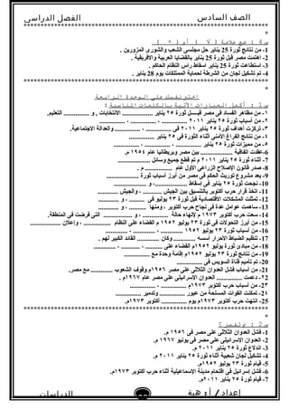 ‫الصف‬‫السادس‬
‫البتدائى‬
‫الفصل‬‫الدراسى‬
‫الدراسات‬
‫الجتماعية‬
60
‫إعداد‬/‫أ‬:‫هبة‬
‫سعيد‬
************************************************************************
*
‫س‬4‫ضع‬ :‫علمة‬‫أو‬ ( √ ))×(
1‫ثورة‬ ‫نتائج‬ ‫من‬ -25. ‫المزورين‬ ‫والشورى‬ ‫الشعب‬ ‫مجلسى‬ ‫حل‬ ‫يناير‬
2‫ثورة‬ ‫قبل‬ ‫مصر‬ ‫اهتمت‬ -25. ‫والفريقية‬ ‫العربية‬ ‫بالقضايا‬ ‫يناير‬
3‫ثورة‬ ‫اتستطاعت‬ -25. ‫الحاكم‬ ‫النظام‬ ‫راس‬ ‫اتسقاط‬ ‫يناير‬
4‫يوم‬ ‫الممتلكات‬ ‫لحماية‬ ‫الشرطة‬ ‫من‬ ‫لجان‬ ‫تشكيل‬ ‫تم‬ -28. ‫يناير‬
************************************************************************
*
‫اختب‬‫نفسك‬‫على‬‫الودحدة‬‫الرابعة‬
‫س‬1‫أكمل‬ :‫العبارات‬‫التةية‬‫بالكلمات‬‫الناسبة‬:
١‫ثورة‬ ‫قبـــــل‬ ‫مصر‬ ‫فى‬ ‫الفساد‬ ‫مظاهر‬ ‫من‬ -٢٥.‫التعليم‬ ............... ‫و‬ , ‫النتخابات‬ .................. ‫يناير‬
٢‫ثورة‬ ‫أتسباب‬ ‫من‬ -٢٥‫يناير‬٢٠١١............... ، ............... ، ...............
٣‫ثورة‬ ‫أهداف‬ ‫تركزت‬ -٢٥‫يناير‬٢٠١١.‫الجتماعية‬ ‫والعدالة‬ ............... ، ............... ‫فى‬
٤‫فى‬ ‫الثورة‬ ‫أثناء‬ ‫المنى‬ ‫الفراغ‬ ‫نتائج‬ ‫من‬ -٢٥............... ‫يناير‬
٥‫ثورة‬ ‫مميزات‬ ‫من‬ -٢٥............... ، ............... ، ............... ‫يناير‬
6‫عام‬ ‫وبريطانيا‬ ‫مصر‬ ‫بين‬ ................... ‫اتفاقية‬ ‫-عقدت‬١٩٥٤.‫م‬
7‫ثورة‬ ‫أثناء‬ -٢٥‫يناير‬٢٠١١................... ‫وتسائل‬ ‫جميع‬ ‫قطع‬ ‫تم‬ ‫م‬
8‫عام‬ ‫الول‬ ‫الزراعى‬ ‫الصل ح‬ ‫قانون‬ ‫صدر‬ -. ‫م‬ ................
9................... ‫ثورة‬ ‫أتسباب‬ ‫أبرز‬ ‫من‬ ‫مصر‬ ‫فى‬ ‫الحكم‬ ‫توريث‬ ‫مشروع‬ ‫يعد‬ -
10‫ثورة‬ ‫نجحت‬ -٢٥................... ‫و‬ ،................... ‫إتسقاط‬ ‫فى‬ ‫يناير‬
11............ ‫والجيش‬ ، ........... ‫الجيش‬ ‫بين‬ ‫بالتنسيق‬ ‫أكتوبر‬ ‫حرب‬ ‫قرار‬ ‫اتخذ‬ -
12‫ثورة‬ ‫قبل‬ ‫القتصادية‬ ‫المشكلت‬ ‫تمثلت‬ -٢٣‫فى‬ ‫يوليو‬............ ‫و‬ ، .........
13‫ومنها‬ ، ‫أكتوبر‬ ‫حرب‬ ‫نجا ح‬ ‫فى‬ ‫عدة‬ ‫عوامل‬ ‫تساهمت‬ -............ ‫و‬ ، ..........
14‫أكتوبر‬ ‫حرب‬ ‫تسعت‬ -١٩٧٣‫حالة‬ ‫لنهاء‬ ‫م‬................. ‫و‬ ، ................‫المنطقة‬ ‫فى‬ ‫فرضت‬ ‫التى‬
15‫ثورة‬ ‫فى‬ ‫التحولت‬ ‫أبرز‬ ‫من‬ -٢٣‫يوليو‬١٩٥٢‫النظام‬ ‫على‬ ‫القضاء‬ ‫م‬.................. ‫وإعلن‬ ، ................
16‫ثورة‬ ‫أتسباب‬ ‫من‬ -٢٣‫يوليو‬١٩٥٢............. ، ............. ، .............
17. ‫لهم‬ ‫الكبير‬ ‫القائد‬ ............. ‫وكان‬ ............. ‫أتسسه‬ ‫الحرار‬ ‫الضباط‬ ‫تنظيم‬ -
18‫يوليو‬ ‫ثورة‬ ‫مبادئ‬ ‫من‬ -١٩٥٢............. ، ........... ، .......... ‫على‬ ‫القضاء‬ ‫م‬
19‫ثورة‬ ‫نتائج‬ ‫من‬ -٢٣‫يوليو‬١٩٥٢............... ‫مع‬ ‫وحدة‬ ‫إقامة‬ ‫م‬
20............... ‫فى‬ ‫السويس‬ ‫قناة‬ ‫تأميم‬ ‫تم‬ -
21‫مصر‬ ‫على‬ ‫الثلثى‬ ‫العدوان‬ ‫فشل‬ ‫أتسباب‬ ‫من‬ -١٩٥٦.‫مصر‬ ‫مع‬ ............. ‫الشعوب‬ ‫وقوف‬ ‫م‬
٢2‫عام‬ ‫مصر‬ ‫على‬ ‫التسرائيلى‬ ‫العدوان‬ ............... ‫دعمت‬ -١٩٦٧. ‫م‬
2٣‫أكتوبر‬ ‫حرب‬ ‫أتسباب‬ ‫من‬ -١٩٧٣............... ، ............... ‫م‬
2٤............... ‫وتدمير‬ ............... ‫عبور‬ ‫من‬ ‫المسلحة‬ ‫القوات‬ ‫تمكنت‬ -
25‫أكتوبر‬ ‫حرب‬ ‫انتهت‬ -١٩٧٣‫أكتوبر‬ ............... ‫يوم‬ ‫م‬١٩٧٣.‫م‬
************************************************************************
*
‫س‬2‫ب‬ :‫تفسر‬‫؟‬
1‫فى‬ ‫مصر‬ ‫على‬ ‫الثلثى‬ ‫العدوان‬ ‫فشل‬ -١٩٥٦.‫م‬
2‫يونيو‬ ‫فى‬ ‫مصر‬ ‫على‬ ‫التسرائيلى‬ ‫العدوان‬ -١٩٦٧.‫م‬
3‫ثورة‬ ‫اندلع‬ -٢٥‫يناير‬٢٠١١.‫م‬
4‫ثورة‬ ‫أثناء‬ ‫شعبية‬ ‫لجان‬ ‫تشكيل‬ -٢٥‫يناير‬٢٠١١.‫م‬
5‫ثورة‬ ‫قيام‬ -٢٣‫يوليو‬١٩٥٢.‫م‬
6‫أكتوبر‬ ‫حرب‬ ‫أثناء‬ ‫التسماعيلية‬ ‫مدينة‬ ‫اقتحام‬ ‫فى‬ ‫إتسرائيل‬ ‫فشل‬ -١٩٧٣.‫م‬
7‫ثورة‬ ‫قيام‬ -٢٥‫يناير‬٢٠١١.‫م‬
 