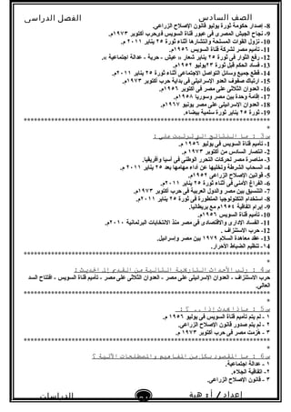‫الصف‬‫السادس‬
‫البتدائى‬
‫الفصل‬‫الدراسى‬
‫الدراسات‬
‫الجتماعية‬
61
‫إعداد‬/‫أ‬:‫هبة‬
‫سعيد‬
8.‫الزراعى‬ ‫الصل ح‬ ‫قانون‬ ‫يوليو‬ ‫ثورة‬ ‫حكومة‬ ‫إصدار‬ -
9‫أكتوبر‬ ‫فىحرب‬ ‫السويس‬ ‫قناة‬ ‫عبور‬ ‫فى‬ ‫المصرى‬ ‫الجيش‬ ‫نجا ح‬ -١٩٧٣.‫م‬
10‫ثورة‬ ‫أثناء‬ ‫وانتشارها‬ ‫المسلحة‬ ‫القوات‬ ‫نزول‬ -٢٥‫يناير‬٢٠١١.‫م‬
11‫السويس‬ ‫قناة‬ ‫لشركة‬ ‫مصر‬ ‫تأميم‬ -١٩٥٦.‫م‬
12‫ثورة‬ ‫فى‬ ‫الثوار‬ ‫رفع‬ -٢٥.« ‫اجتماعية‬ ‫عدالة‬ - ‫حرية‬ - ‫عيش‬ » ‫شعار‬ ‫يناير‬
13‫ثورة‬ ‫قبل‬ ‫الحكم‬ ‫فساد‬ -٢٣‫يوليو‬١٩٥٢.‫م‬
14‫ثورة‬ ‫أثناء‬ ‫الجتماعى‬ ‫التواصل‬ ‫وتسائل‬ ‫جميع‬ ‫قطع‬ -٢٥‫يناير‬٢٠١١.‫م‬
15‫أكتوبر‬ ‫حرب‬ ‫بداية‬ ‫فى‬ ‫التسرائيلى‬ ‫العدو‬ ‫صفوف‬ ‫ارتبا ك‬ -١٩٧٣.‫م‬
16‫أكتوبر‬ ‫فى‬ ‫مصر‬ ‫على‬ ‫الثلثى‬ ‫العدوان‬ -١٩٥٦.‫م‬
17‫وتسوريا‬ ‫مصر‬ ‫بين‬ ‫وحدة‬ ‫إقامة‬ -١٩٥٨.‫م‬
18‫يونيو‬ ‫مصر‬ ‫على‬ ‫التسرائيلى‬ ‫العدوان‬ -١٩٦٧.‫م‬
19‫ثورة‬ -٢٥.‫بيضاء‬ ‫تسلمية‬ ‫ثورة‬ ‫يناير‬
************************************************************************
*
‫س‬3‫ما‬ :‫النتائج‬‫الت‬‫ترتبت‬‫على‬:
1‫يوليو‬ ‫فى‬ ‫السويس‬ ‫قناة‬ ‫تأميم‬ -١٩٥٦.‫م‬
2‫أكتوبر‬ ‫من‬ ‫السادس‬ ‫انتصار‬ -١٩٧٣.‫م‬
3.‫وأفريقيا‬ ‫آتسيا‬ ‫فى‬ ‫الوطنى‬ ‫التحرر‬ ‫لحركات‬ ‫مصر‬ ‫مناصرة‬ -
4‫بعد‬ ‫مهامها‬ ‫أداء‬ ‫عن‬ ‫وتخليها‬ ‫الشرطة‬ ‫انسحاب‬ -٢٥‫يناير‬٢٠١١.‫م‬
5‫الزراعى‬ ‫الصل ح‬ ‫قوانين‬ -١٩٥٢.‫م‬
6‫ثورة‬ ‫أثناء‬ ‫فى‬ ‫المنى‬ ‫الفراغ‬ -٢٥‫يناير‬٢٠١١.‫م‬
7‫أكتوبر‬ ‫حرب‬ ‫فى‬ ‫العربية‬ ‫والدول‬ ‫مصر‬ ‫بين‬ ‫التنسيق‬ -١٩٧٣.‫م‬
8‫ثورة‬ ‫فى‬ ‫المتطورة‬ ‫التكنولوجيا‬ ‫اتستخدام‬ -٢٥‫يناير‬٢٠١١.‫م‬
9‫اتفاقية‬ ‫إبرام‬ -١٩٥٤.‫بريطانيا‬ ‫مع‬ ‫م‬
10‫السويس‬ ‫قناة‬ ‫تأميم‬ -١٩٥٦.‫م‬
11‫البرلمانية‬ ‫النتخابات‬ ‫منذ‬ ‫مصر‬ ‫فى‬ ‫والقتصادى‬ ‫الدارى‬ ‫الفساد‬ -٢٠١٠.‫م‬
12. ‫التستنزاف‬ ‫حرب‬ -
13‫السلم‬ ‫معاهدة‬ ‫عقد‬ -١٩٧٩.‫وإتسرائيل‬ ‫مصر‬ ‫بين‬
١4.‫الحرار‬ ‫الضباط‬ ‫تنظيم‬ -
************************************************************************
*
‫س‬4‫رتب‬ :‫الدحداث‬‫التاريةية‬‫التالةية‬‫من‬‫الصقدي‬‫إل‬‫الديث‬:
‫السد‬ ‫افتتا ح‬ - ‫السويس‬ ‫قناة‬ ‫تأميم‬ - ‫مصر‬ ‫على‬ ‫الثلثى‬ ‫العدوان‬ - ‫مصر‬ ‫على‬ ‫التسرائيلى‬ ‫العدوان‬ - ‫التستنزاف‬ ‫حرب‬
.‫العالى‬
************************************************************************
*
‫س‬5‫ماذا‬ :‫يدث‬‫إذا‬‫؟‬ ..:
١‫يوليو‬ ‫فى‬ ‫السويس‬ ‫قناة‬ ‫تأميم‬ ‫يتم‬ ‫لم‬ -١٩٥٦.‫م‬
٢.‫الزراعى‬ ‫الصل ح‬ ‫قانون‬ ‫صدور‬ ‫يتم‬ ‫لم‬ -
٣‫أكتوبر‬ ‫حرب‬ ‫فى‬ ‫مصر‬ ‫زمت‬ِ‫تم‬ ‫ه‬ُ‫ز‬ -١٩٧٣.‫م‬
************************************************************************
*
‫س‬6‫ما‬ :‫الصقصود‬‫بكل‬‫من‬‫الفاهةيم‬‫والصطلحات‬‫التةية‬‫؟‬
١.‫اجتماعية‬ ‫عدالة‬ -
٢.‫الجلء‬ ‫اتفاقية‬ -
٣.‫الزراعى‬ ‫الصل ح‬ ‫قانون‬ -
 