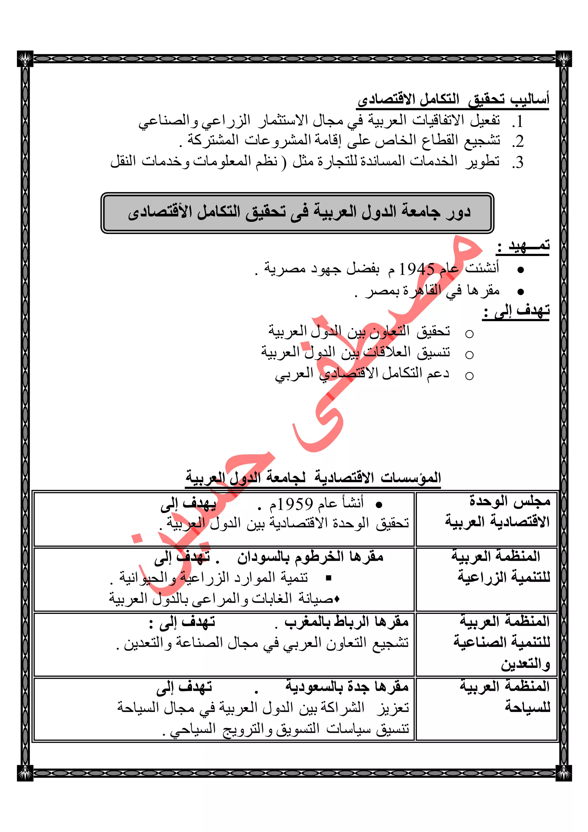 ٜ‫االلزظبك‬ ًِ‫اٌزىب‬ ‫رؾم١ك‬ ‫أٍبٌ١ت‬
1.‫جٌٌُجػ‬ ٌ‫جالْطػّح‬ ‫ِؿحي‬ ٟ‫ف‬ ‫جٌؼٍذ١س‬ ‫جالضفحل١حش‬ ً١‫ضفؼ‬ٟٟ‫ٚجٌٕٛحػ‬
2.٘‫جٌهح‬ ‫جٌمطحع‬ ‫ضٗؿ١غ‬‫جٌٍّٗٚػحش‬ ‫ئلحِس‬ ٍٝ‫ػ‬. ‫جٌّٗطٍوس‬
3.ً‫جٌٕم‬ ‫ٚنىِحش‬ ‫جٌّؼٍِٛحش‬ ُ‫ٔظ‬ ( ً‫ِػ‬ ‫ٌٍطؿحٌز‬ ‫جٌّٓحٔىز‬ ‫جٌهىِحش‬ ٍ٠ٛ‫ضط‬
: ‫رّـــٙ١ل‬
َ‫ػح‬ ‫أٔٗثص‬1945. ‫ٍِٛ٠س‬ ‫ؾٙٛو‬ ًٟ‫ذف‬ َ
. ٍّٛ‫ذ‬ ‫جٌمحٍ٘ز‬ ٟ‫ف‬ ‫ِمٍ٘ح‬
: ٌٝ‫إ‬ ‫رٙلف‬
o‫ضكم‬‫جٌؼٍذ١س‬ ‫جٌىٚي‬ ٓ١‫ذ‬ ْٚ‫جٌطؼح‬ ‫١ك‬
o‫ضٕٓ١ك‬‫جٌؼٍذ١س‬ ‫جٌىٚي‬ ٓ١‫ذ‬ ‫جٌؼاللحش‬
oٟ‫جٌؼٍذ‬ ٞ‫جاللطٛحو‬ ًِ‫جٌطىح‬ ُ‫وػ‬
‫اٌؼوث١خ‬ ‫اٌلٚي‬ ‫ٌغبِؼخ‬ ‫االلزظبك٠خ‬ ‫اٌّؤٍَبد‬
‫اٌٛؽلح‬ ٌٍ‫ِغ‬
‫اٌؼوث١خ‬ ‫االلزظبك٠خ‬
َ‫ػح‬ ‫أٔٗأ‬1959َ4ٌٝ‫إ‬ ‫٠ٙلف‬
‫جٌٛقىز‬ ‫ضكم١ك‬. ‫جٌؼٍذ١س‬ ‫جٌىٚي‬ ٓ١‫ذ‬ ‫جاللطٛحو٠س‬
‫اٌؼوث١خ‬ ‫إٌّظّخ‬
‫اٌيهاػ١خ‬ ‫ٌٍزّٕ١خ‬
ْ‫ثبٌَٛكا‬ َٛ‫اٌقوؽ‬ ‫ِمو٘ب‬4ٌٝ‫إ‬ ‫رٙلف‬
. ‫ٚجٌك١ٛجٔ١س‬ ‫جٌٌُجػ١س‬ ‫جٌّٛجٌو‬ ‫ضّٕ١س‬
‫جٌؼٍذ١س‬ ‫ذحٌىٚي‬ ٝ‫ٚجٌٍّجػ‬ ‫جٌغحذحش‬ ‫ٚ١حٔس‬
‫اٌؼوث١خ‬ ‫إٌّظّخ‬
‫اٌظٕبػ١خ‬ ‫ٌٍزّٕ١خ‬
ٓ٠‫ٚاٌزؼل‬
‫ثبٌّغوة‬ ‫اٌوثبؽ‬ ‫ِمو٘ب‬.: ٌٝ‫إ‬ ‫رٙلف‬
. ٓ٠‫ٚجٌطؼى‬ ‫جٌٕٛحػس‬ ‫ِؿحي‬ ٟ‫ف‬ ٟ‫جٌؼٍذ‬ ْٚ‫جٌطؼح‬ ‫ضٗؿ١غ‬
‫اٌؼوث١خ‬ ‫إٌّظّخ‬
‫ٌٍَ١بؽخ‬
‫ثبٌَؼٛك٠خ‬ ‫علح‬ ‫ِمو٘ب‬4ٌٝ‫إ‬ ‫رٙلف‬
ُ٠ُ‫ضؼ‬‫ِؿحي‬ ٟ‫ف‬ ‫جٌؼٍذ١س‬ ‫جٌىٚي‬ ٓ١‫ذ‬ ‫جٌٍٗجوس‬‫جٌٓ١حقس‬
‫ضٕٓ١ك‬. ٟ‫جٌٓ١حق‬ ‫ٚجٌطٍٚ٠ؽ‬ ‫جٌطٓٛ٠ك‬ ‫ْ١حْحش‬
ٜ‫األلزظبك‬ ًِ‫اٌزىب‬ ‫رؾم١ك‬ ٝ‫ف‬ ‫اٌؼوث١خ‬ ‫اٌلٚي‬ ‫عبِؼخ‬ ‫كٚه‬
 