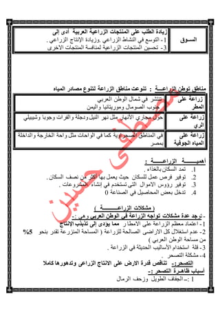 ‫اٌَــٛق‬
‫اٌي‬ ‫إٌّزغبد‬ ٍٝ‫ػ‬ ‫اٌطٍت‬ ‫ى٠بكح‬‫اٌؼوث١خ‬ ‫هاػ١خ‬ٌٝ‫إ‬ ٜ‫أك‬
1-. ٟ‫جٌٌُجػ‬ ٠‫جٌٕٗح‬ ٟ‫ف‬ ‫جٌطْٛغ‬ٚ. ٟ‫جٌٌُجػ‬ ‫جإلٔطحؼ‬ ‫َ٠حوز‬
3-‫جٌٌُجػ١س‬ ‫جٌّٕطؿحش‬ ٓ١ٓ‫ضك‬‫ٌّٕحفٓس‬‫جٌّٕطؿحش‬ٍٜ‫جالن‬
‫اٌيهاػــــخ‬ ٓ‫رٛؽ‬ ‫ِٕبؽك‬ٖ‫اٌّ١ب‬ ‫ِظبكه‬ ‫ٌزٕٛع‬ ‫اٌيهاػخ‬ ‫ِٕبؽك‬ ‫رٕٛػذ‬ :
ٍٝ‫ػ‬ ‫ىهاػخ‬
‫اٌّطو‬
ٟ‫جٌؼٍذ‬ ٓ٠ٌٛ‫ج‬ ‫ّٖحي‬ ٟ‫ف‬ ٍٗ‫ضٕط‬
‫ؾٕٛخ‬‫ٌِٚٛ٠طحٔ١ح‬ ‫جٌِٛٛحي‬ّٓ١ٌ‫ٚج‬
ٍٝ‫ػ‬ ‫ىهاػخ‬
ٞ‫اٌو‬
ٍٟ١‫ٖٚ١ر‬ ‫ٚؾٛذح‬ ‫ٚجٌفٍجش‬ ‫ٚوؾٍس‬ ً١ٌٕ‫ج‬ ٍٙٔ ً‫ِػ‬ ٌ‫جألٔٙح‬ ٌٞ‫ِؿح‬ ‫قٛي‬
ٍٝ‫ػ‬ ‫ىهاػخ‬
‫اٌغٛف١خ‬ ٖ‫اٌّ١ب‬
‫ٚجقس‬ ً‫ِػ‬ ‫جٌٛجقحش‬ ٟ‫ف‬ ‫وّح‬ ‫جٌٛكٍجٚ٠س‬ ‫جٌّٕح٠ك‬ ٟ‫ف‬‫ٚجٌىجنٍس‬ ‫جٌهحٌؾس‬
ٍّٛ‫ذ‬
١ّ٘‫أ‬‫ــــــــــ‬‫اٌيهاػ‬ ‫خ‬‫ــــــــ‬‫خ‬:
1.. ‫ذحٌغًجء‬ ْ‫جٌٓىح‬ ‫ضّى‬
2.‫ضٛف‬١ًّ‫ػ‬ ٍ٘‫ف‬ ٍْ‫ٌٍٓىح‬. ْ‫جٌٓىح‬ ‫ٔٛف‬ ِٓ ٍ‫أوػ‬ ‫ذٙح‬ ًّ‫٠ؼ‬ ‫ق١ع‬
3.‫ضٛف‬١ٍ‫جالِٛجي‬ ِٚ‫ٌؤ‬َ‫ضٓطهى‬ ٝ‫جٌط‬‫جٌٍّٗٚػحش‬ ‫ئٔٗحء‬ ٟ‫ف‬.
4.‫جٌٕٛحػس‬ ٟ‫ف‬ ً١ٚ‫جٌّكح‬ ٝ‫ذؼ‬ ً‫ضىن‬0
(‫اٌيهاػ‬ ‫ِشىالد‬‫ــــــــــــ‬‫خ‬)
-ٛ‫ض‬ٟ‫اٌؼوث‬ ٓ‫اٌٛؽ‬ ٟ‫ف‬ ‫اٌيهاػخ‬ ٗ‫رٛاع‬ ‫ِشىالد‬ ‫ػلح‬ ‫عل‬: ٝ٘ٚ-
1-‫جالِطح‬ ٍٝ‫ػ‬ ‫جٌٌُجػس‬ ُ‫ِؼظ‬ ‫جػطّحو‬ٌ‫اإلٔزبط‬ ‫رنثنة‬ ٌٝ‫إ‬ ٜ‫٠ؤك‬ ‫ِّب‬
2-ٛ‫ذٕك‬ ٌ‫ضمى‬ ‫جٌٌُّٕػس‬ ‫جٌّٓحقس‬ ( ‫ٌٌٍُجػس‬ ‫جٌٛحٌكس‬ ٝٞ‫جالٌج‬ ً‫و‬ ‫جْطغالي‬ َ‫ػى‬2%
) ٟ‫جٌؼٍذ‬ ٓ٠ٌٛ‫ج‬ ‫ِٓحقس‬ ِٓ
3-. ‫جٌٌُجػس‬ ٟ‫ف‬ ‫جٌكى٠ػس‬ ‫جألْحٌ١د‬ َ‫جْطهىج‬ ‫لٍس‬
4-ٍ‫ِٗى‬ٍ‫جٌطٛك‬ ‫س‬.
:‫اٌزظؾو‬-‫رٕبلض‬‫وبِال‬ ‫ٚرل٘ٛه٘ب‬ ٝ‫اٌيهاػ‬ ‫االٔزبط‬ ٍٝ‫ػ‬ ‫االهع‬ ‫للهح‬
: ‫اٌزظؾو‬ ‫ظب٘ــوح‬ ‫أٍجبة‬-
1‫:ــ‬ً٠ٛ‫جٌط‬ ‫جٌؿفحف‬ٚ‫جٌٍِحي‬ ‫َقف‬
 