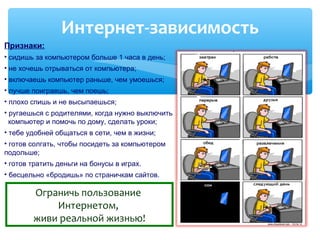Интернет-зависимость
Признаки:
• сидишь за компьютером больше 1 часа в день;
• не хочешь отрываться от компьютера;
• включаешь компьютер раньше, чем умоешься;
• лучше поиграешь, чем поешь;
• плохо спишь и не высыпаешься;
• ругаешься с родителями, когда нужно выключить
компьютер и помочь по дому, сделать уроки;
• тебе удобней общаться в сети, чем в жизни;
• готов солгать, чтобы посидеть за компьютером
подольше;
• готов тратить деньги на бонусы в играх.
• бесцельно «бродишь» по страничкам сайтов.
Ограничь пользование
Интернетом,
живи реальной жизнью!
 