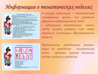 Информация о тематических неделях
В рамках комплексно – тематического
планирования группы, для родителей
оформлен информационный стенд
с содержанием тематических недель,
чтобы каждый родитель смог стать
активным участником образовательного
процесса.
Предложенные методические рекомен-
дации по проведению тематических
недель призваны оказать посильную
помощь педагогу и родителю.
 