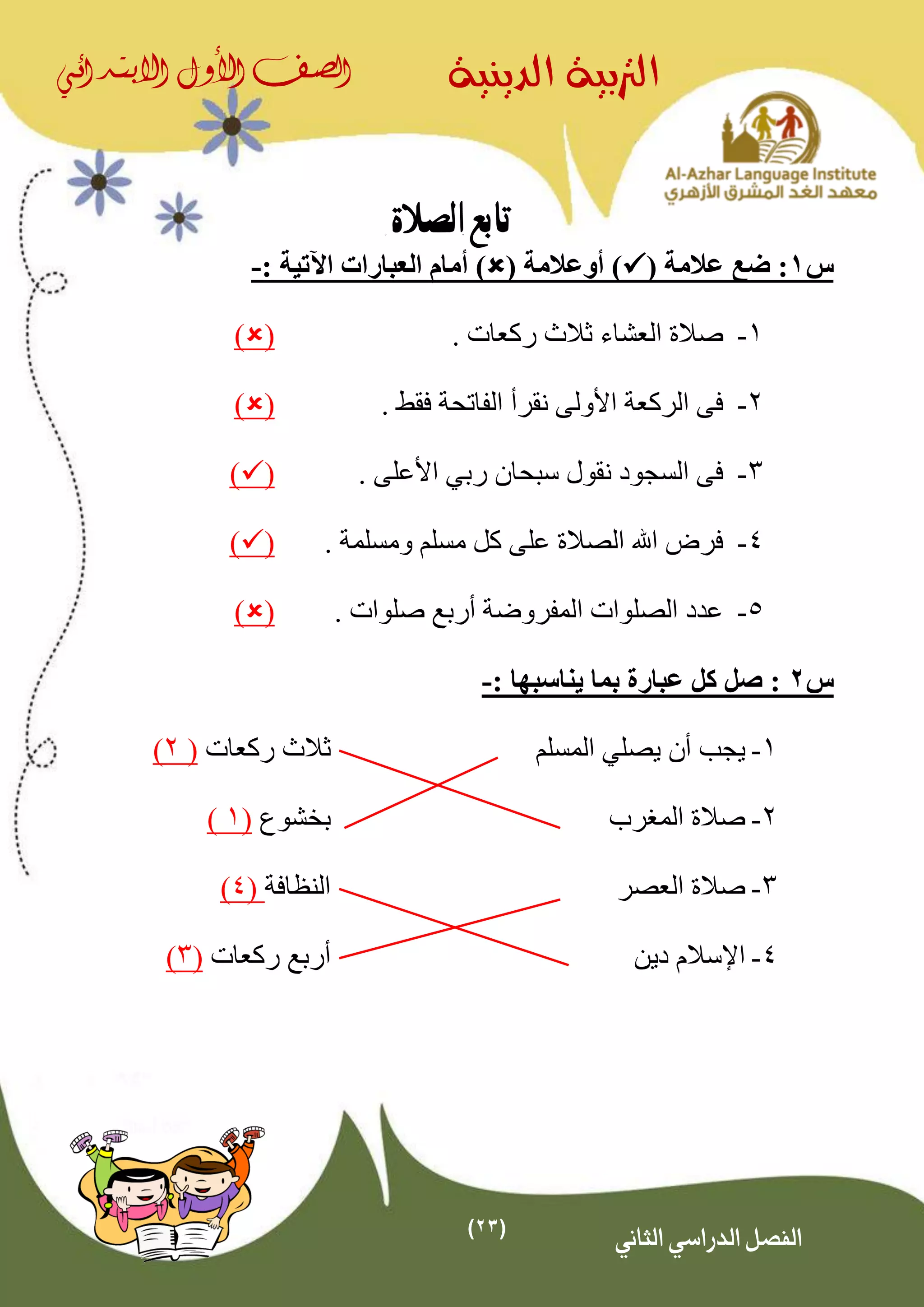 (23)
‫الدينية‬ ‫الرتبية‬‫الصف‬‫األول‬‫االبتدائي‬
‫الثاني‬ ‫الدراسي‬ ‫الفصل‬
‫الصالة‬ ‫تابع‬
‫س‬1( ‫عالمة‬ ‫ضع‬ :)( ‫أوعالمة‬)‫اآلتية‬ ‫العبارات‬ ‫أمام‬:-
1-. ‫ركعات‬ ‫ثالث‬ ‫العشاء‬ ‫صالة‬()
2-. ‫فقط‬ ‫الفاتحة‬ ‫نقرأ‬ ‫األولى‬ ‫الركعة‬ ‫فى‬()
3-‫رب‬ ‫سبحان‬ ‫نقول‬ ‫السجود‬ ‫فى‬‫ي‬. ‫األعلى‬()
4-. ‫ومسلمة‬ ‫مسلم‬ ‫كل‬ ‫على‬ ‫الصالة‬ ‫اهلل‬ ‫فرض‬()
5-. ‫صلوات‬ ‫أربع‬ ‫المفروضة‬ ‫الصلوات‬ ‫عدد‬()
‫س‬2‫ينا‬ ‫بما‬ ‫عبارة‬ ‫كل‬ ‫صل‬ :: ‫سبها‬-
1-‫يج‬‫يصلي‬ ‫أن‬ ‫ب‬‫المسلم‬‫ركعات‬ ‫ثالث‬(2)
2-‫المغرب‬ ‫صالة‬‫بخشوع‬(1)
3-‫العصر‬ ‫صالة‬‫النظافة‬(4)
4-‫دين‬ ‫اإلسالم‬‫ركعات‬ ‫أربع‬(3)
 
