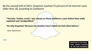 By the second half of 2015, Snapchat reached 15 percent of US Internet users
older than 18, according to ComScore
“Youtube, Twitter, email, I was always on those platforms a year before they really
exploded and I landgrabbed,”
“So why Snapchat? Because my intuition hasn’t failed me that often before.”
- Gary Vaynerchuk
source
SNAPCHAT IS THE TRUE,
BARE, HONEST VERSION
OF THE FAKE FACEBOOK
 