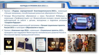  Премия «Лидеры корпоративной благотворительности-2015», номинация
«Лучшая программа, способствующая развитию образования в России»
 Награда Министерства образования и науки Российской Федерации в
номинации «Профориентация» на I Всероссийском конкурсе лучших практик
работодателей по работе с детьми, молодежью и кадровым резервом
«Создавая будущее».
 Награда в рамках национальной программы «Лучшие социальные проекты
России 2015» в категории «Образование и наука».
 Премия «Компания года 2014», номинация: «Социальные проекты, КСО»,
проводится при поддержке Министерства экономического развития России и
Московской торгово-промышленной палаты
НАГРАДЫ И ПРЕМИИ 2014-2015 г.г.
13
 