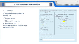 Вступительный дистанционный тест
 7 вопросов
 Максимальное количество
баллов = 9
 Ограничения:
 90 минут, 1 попытка
 Вопросы 5-7 на
программирование (Паскаль, Си)
открытого типа
9
 